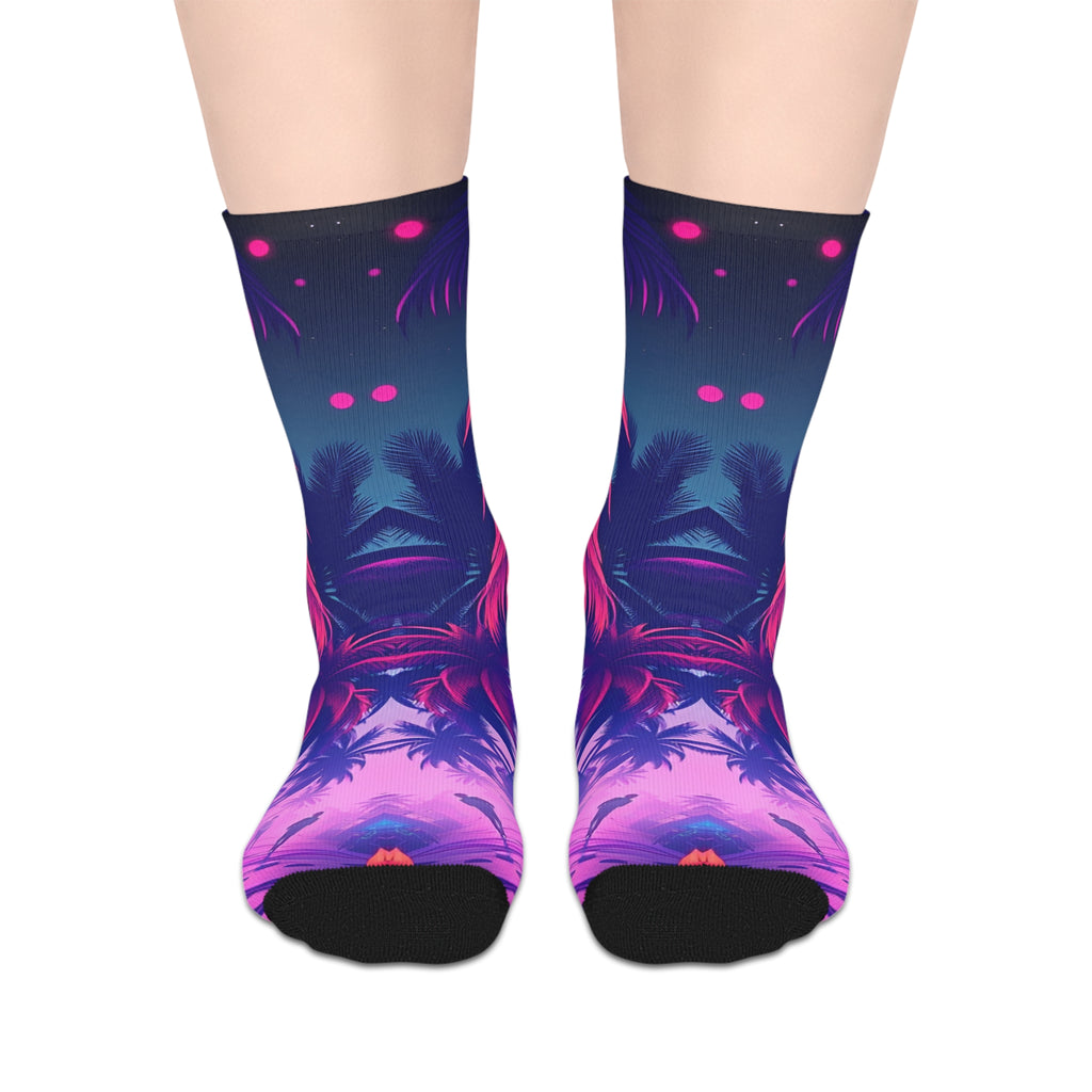 Psychedelic Neon Palm Mid‑Calf Socks — Retro Vaporwave Tropical Design