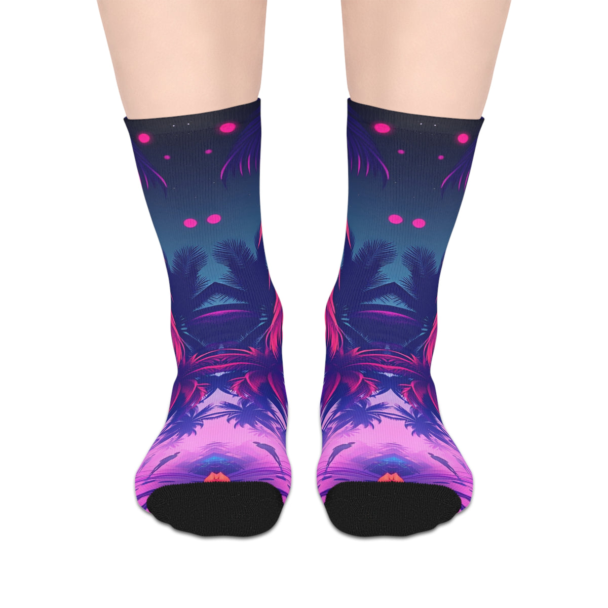 Vaporwave Neon Palm Mid‑Calf Socks