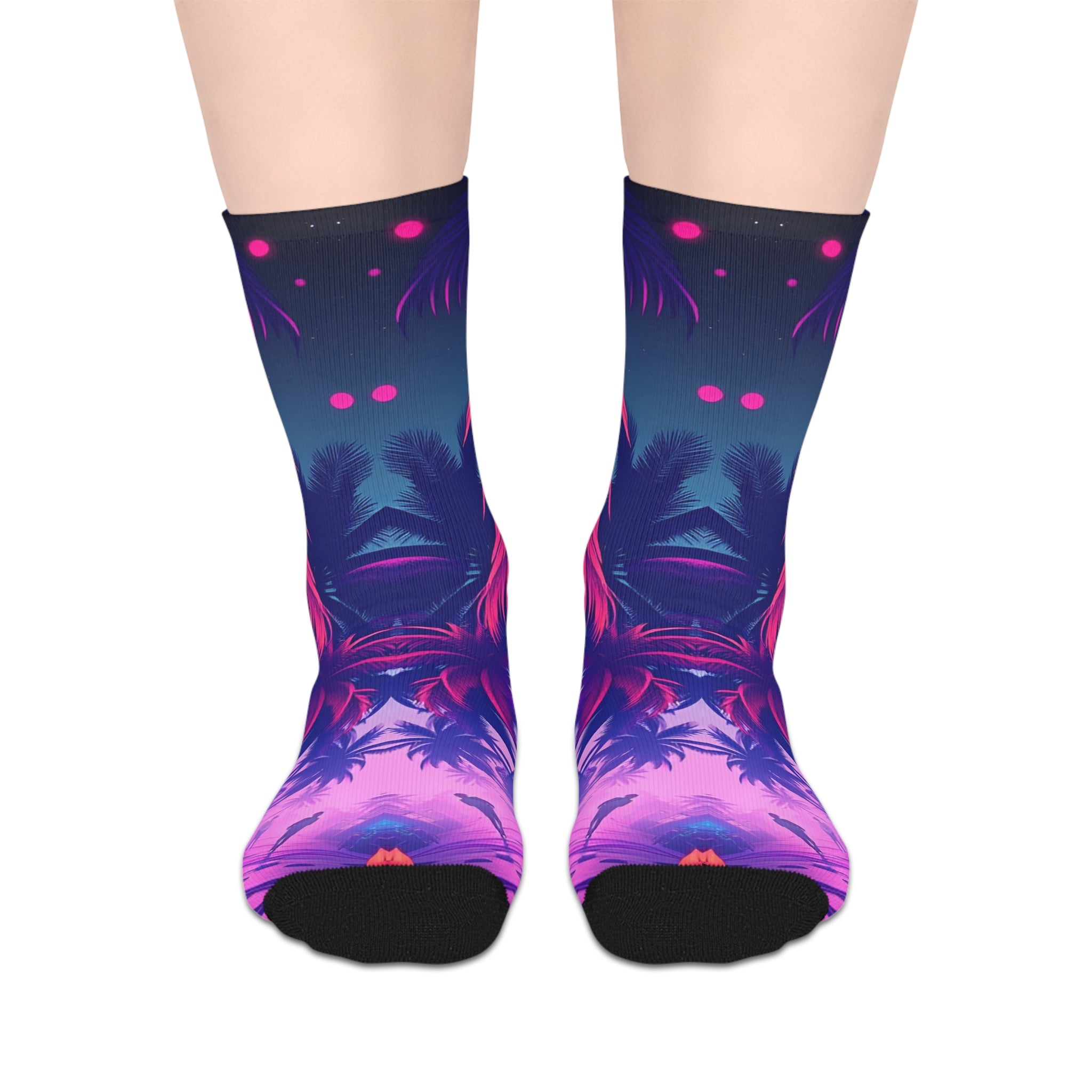 Psychedelic Neon Palm Mid‑Calf Socks — Retro Vaporwave Tropical Design