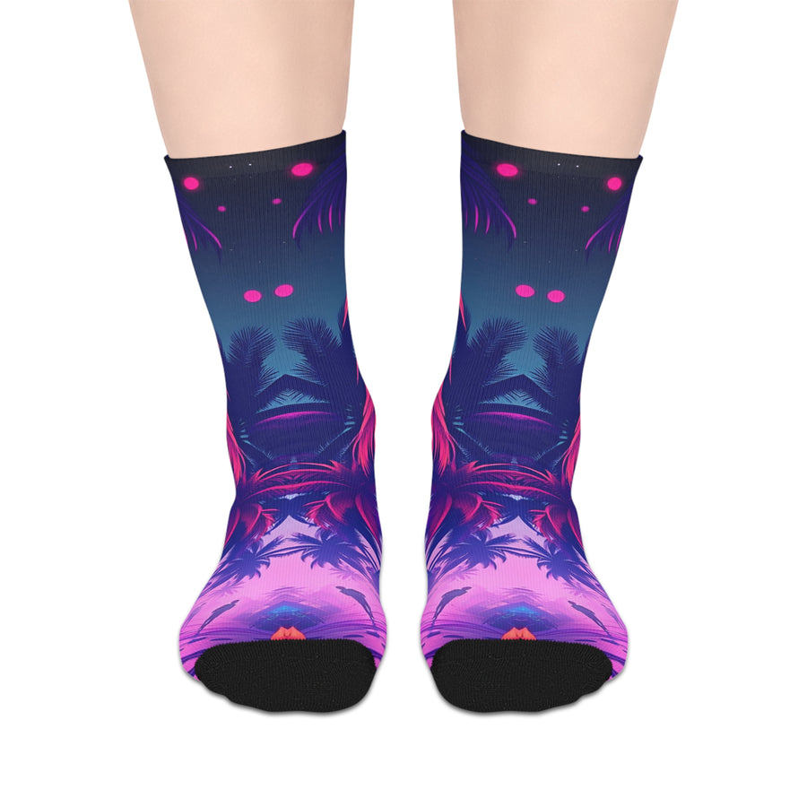 Vaporwave Neon Palm Mid‑Calf Socks