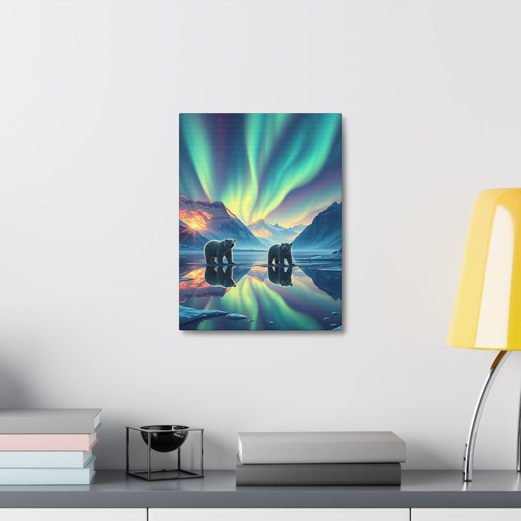 Aurora Polar Bears Stretched Canvas - Northern Lights Wildlife Wall Art