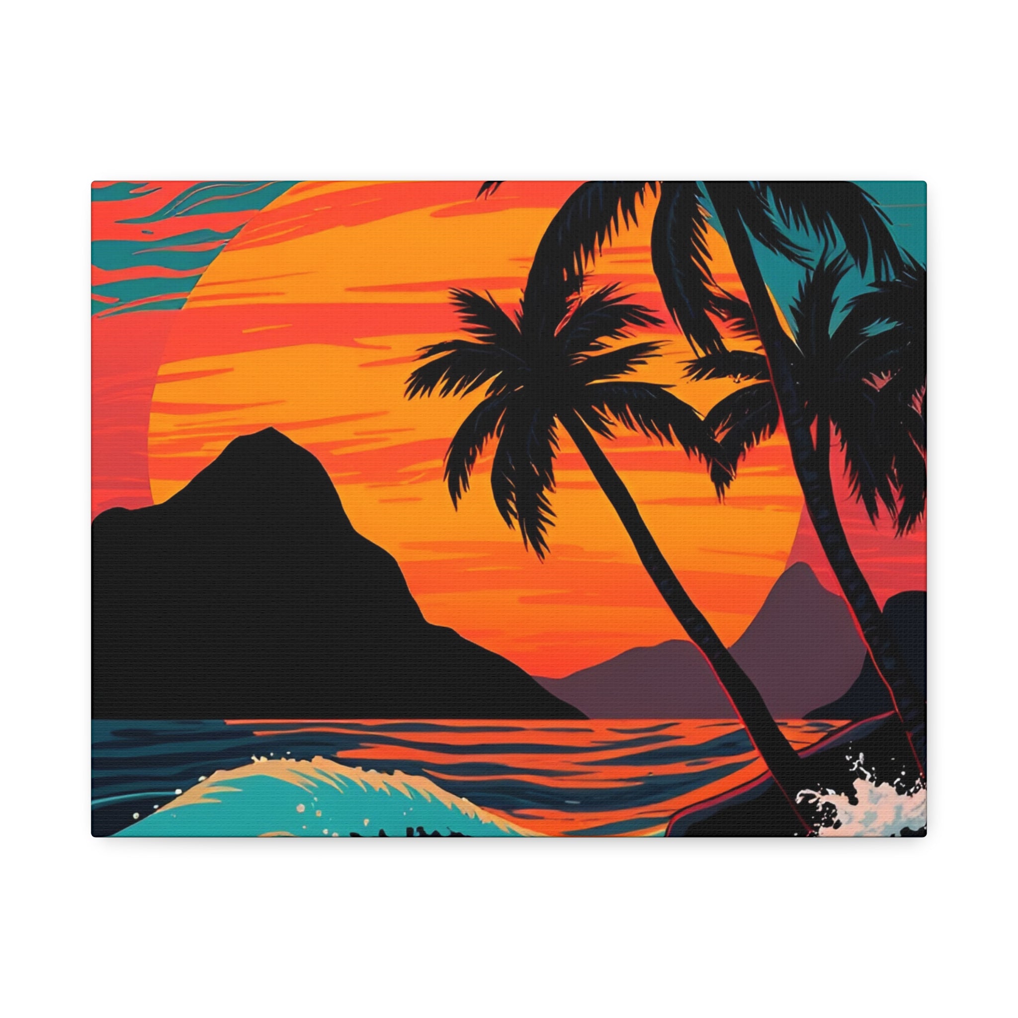 Tropical Sunset Canvas Wall Art — Palm Trees and Ocean Waves Stretched Canvas