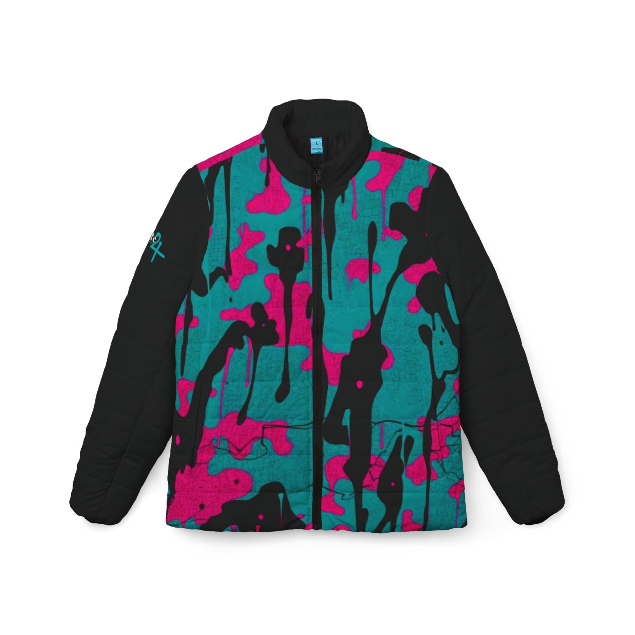 Women’s Pink and Teal Paint Splatter Puffer Jacket