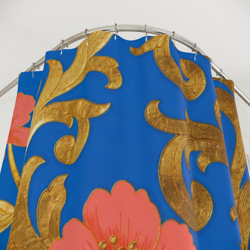 Floral Gold Scroll Shower Curtain — Blue & Coral Botanical Bathroom Decor