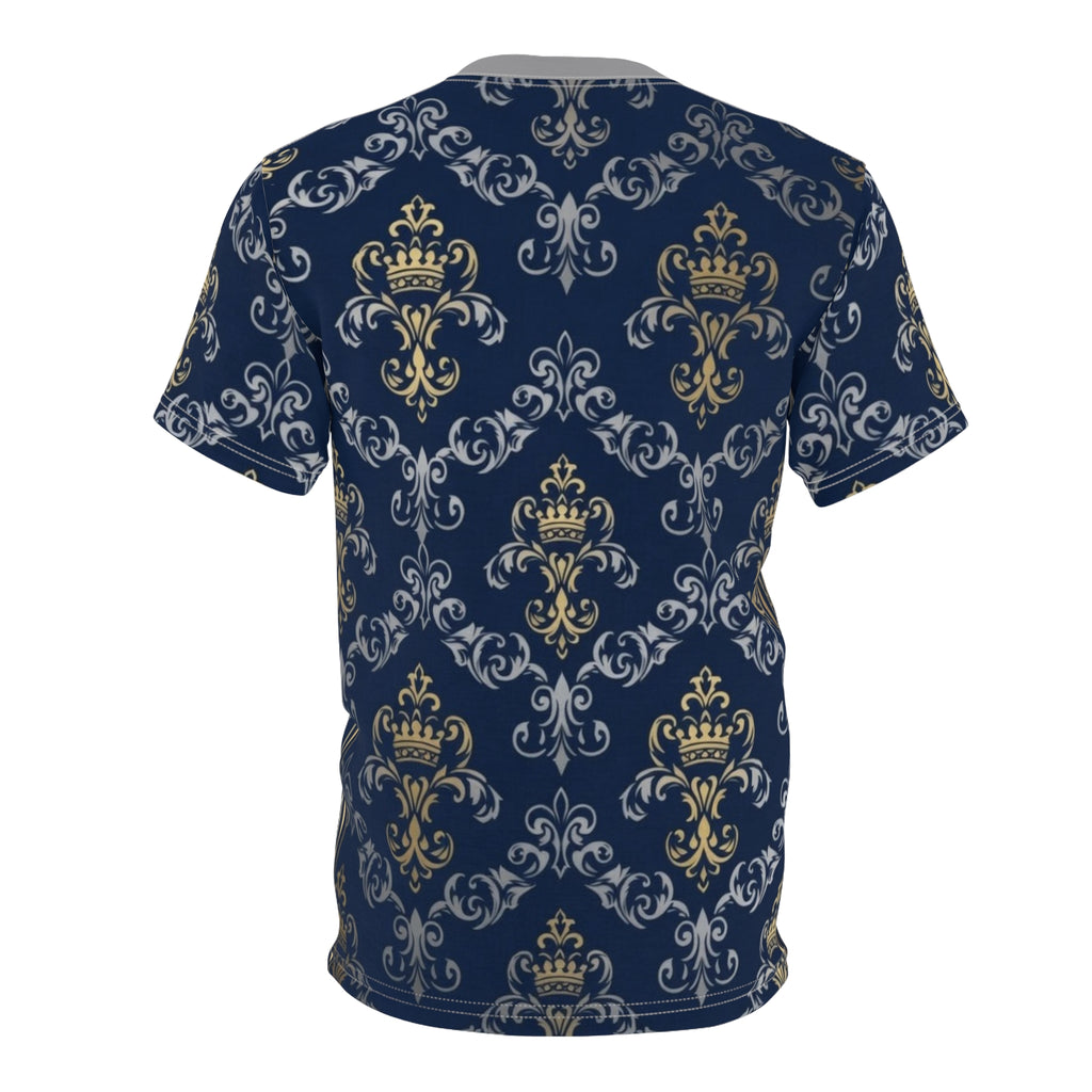 Royal Crest Pattern Tee — Navy Gold Damask All-Over Print T-Shirt