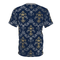 Royal Crest Pattern Tee — Navy Gold Damask All-Over Print T-Shirt