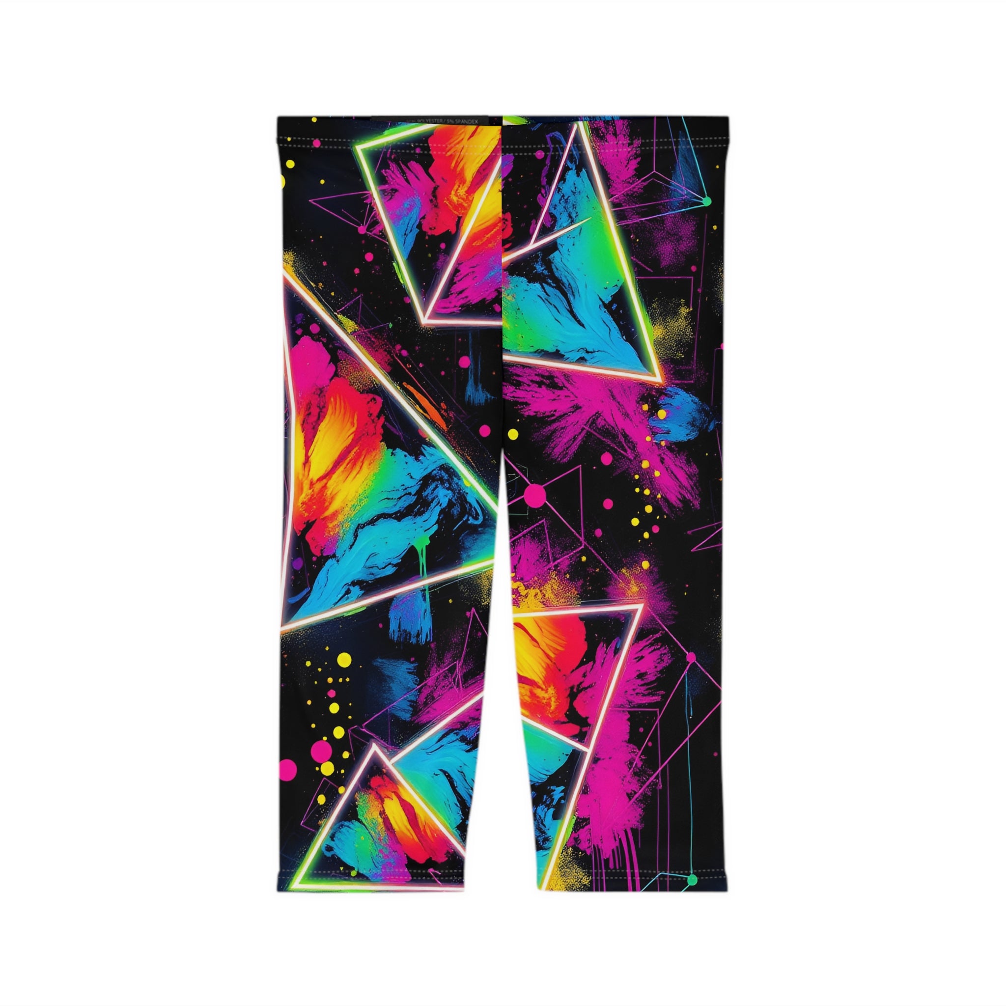 Neon Geo Splash Capri Leggings — Women's Vibrant Abstract Yoga Pants