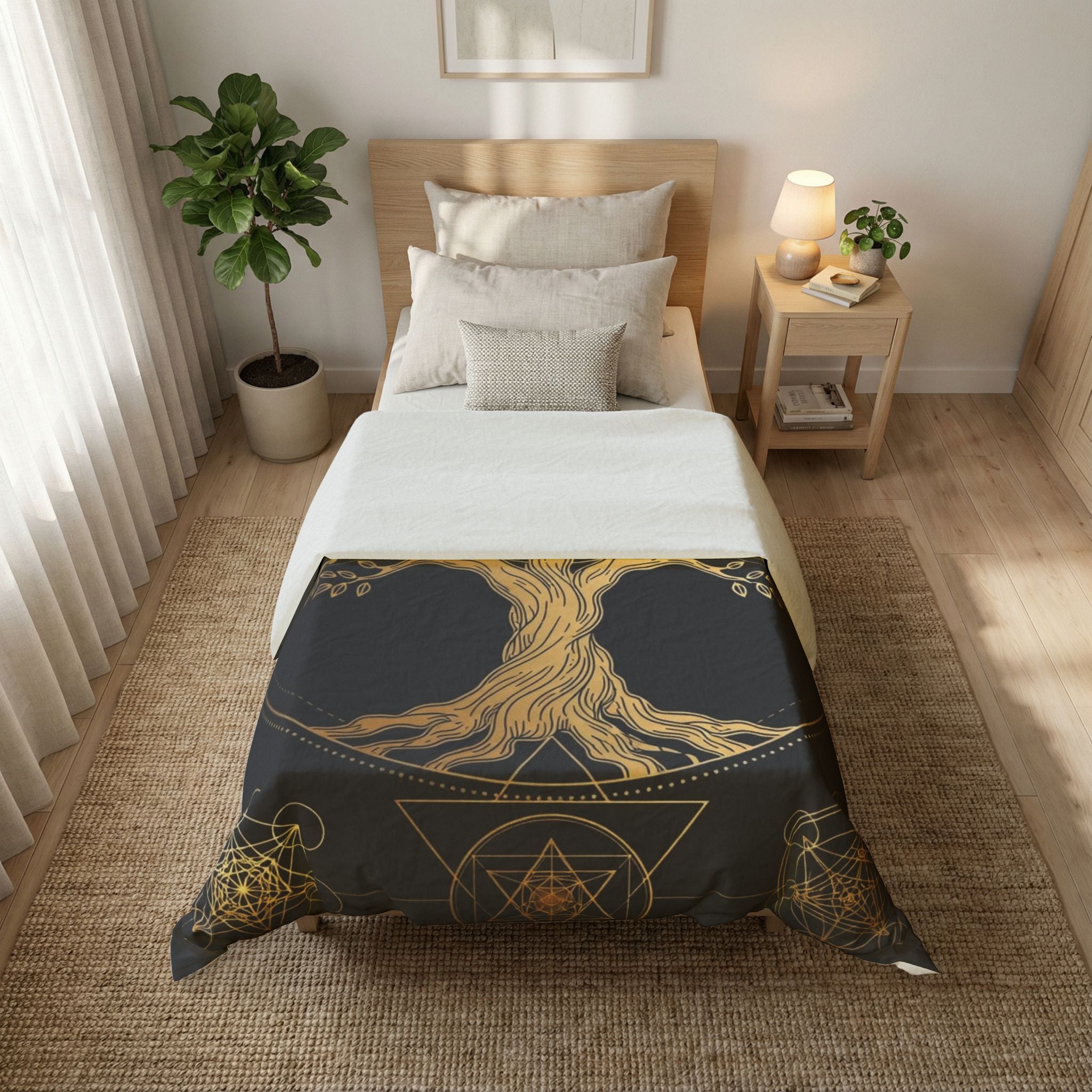 Golden Tree of Life Cotton Duvet Cover — Mystical Geometric Bedding