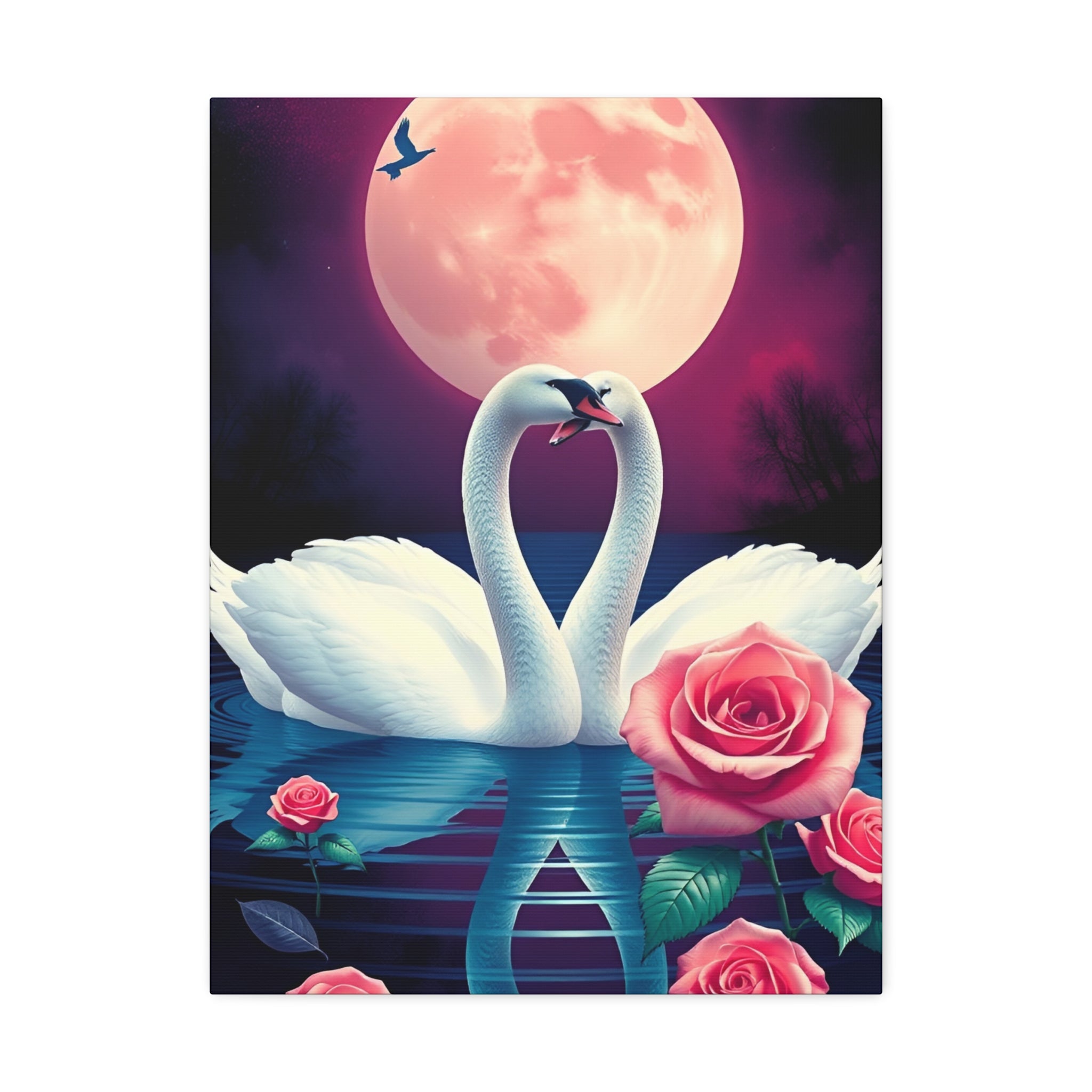 Swan Moon Stretched Canvas – Romantic Rose Lake Wall Art