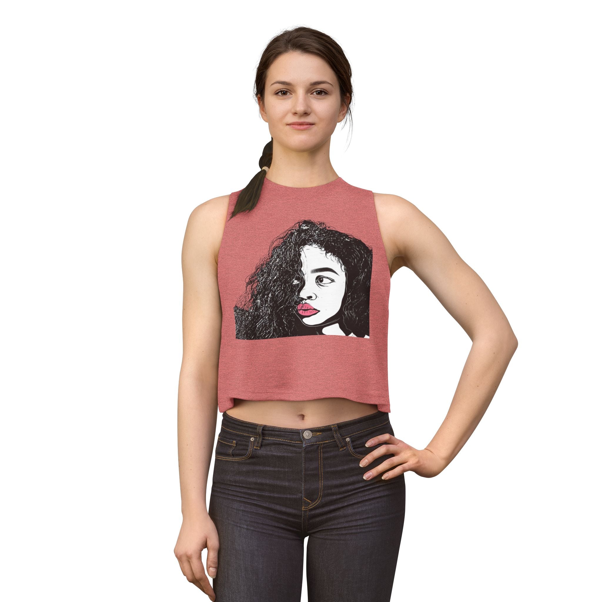 Artistic Curly Hair Woman Crop Top — Graphic Portrait Tank with Pink Lips