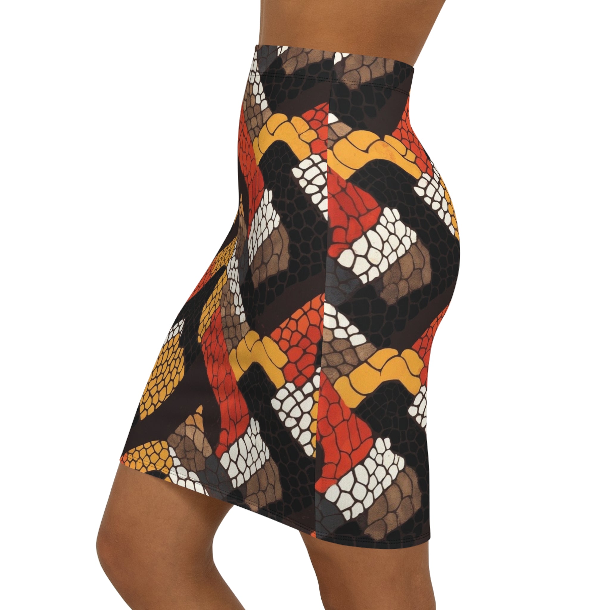 Autumn Snake-Scale Pencil Skirt — Bold Geometric Fall Print