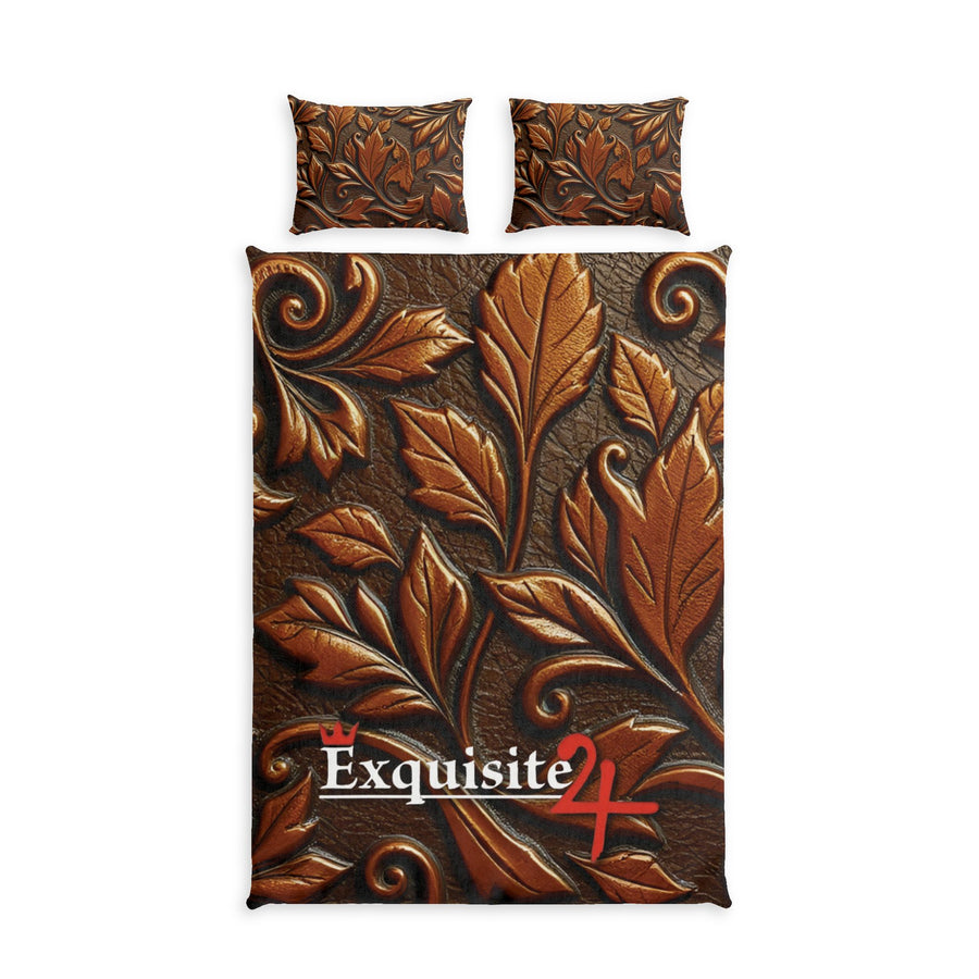Brown Embossed Leaf Cotton Duvet Cover Set