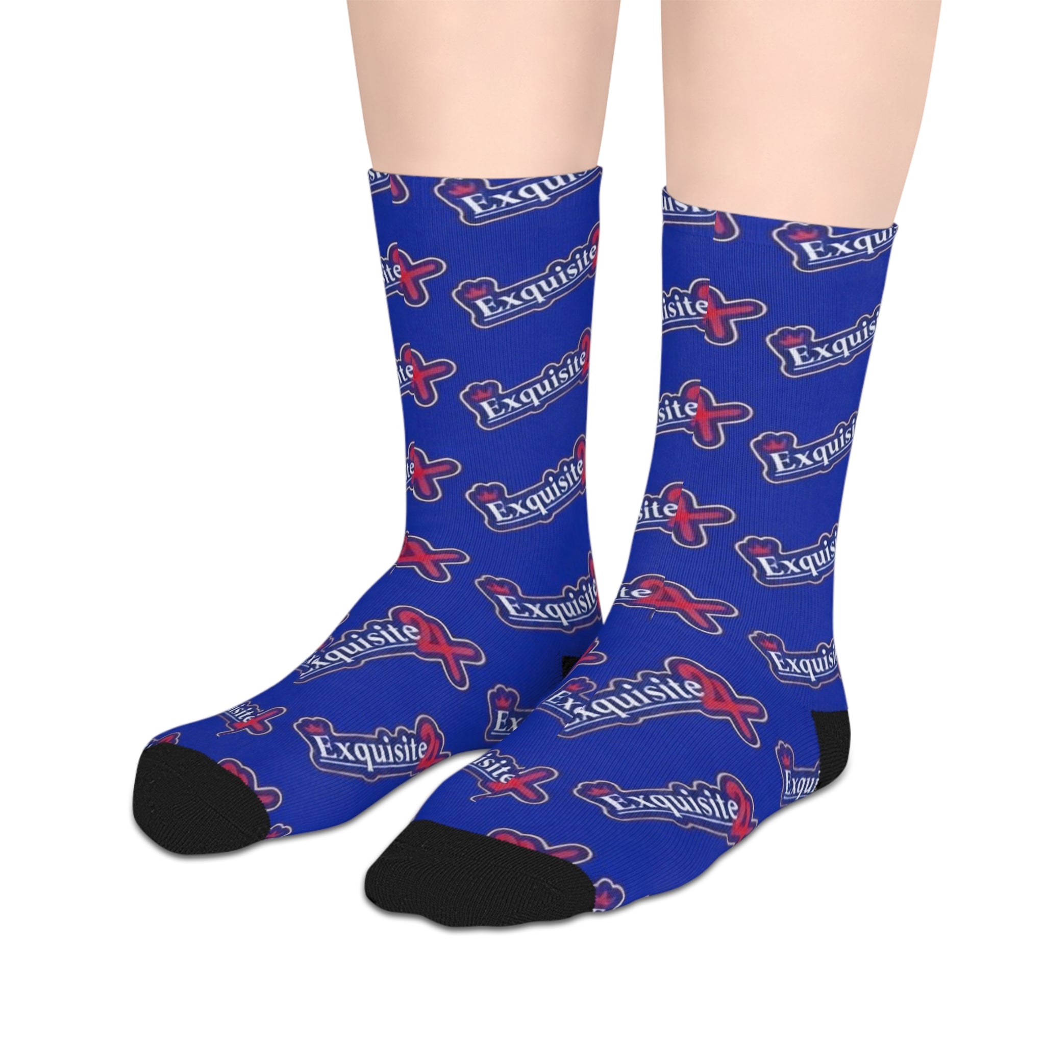 Exquisite 24 Logo Mid-Length Socks — Blue Branded Crew Socks