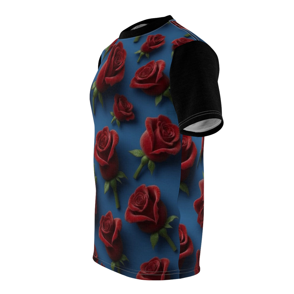 Red Rose Pattern Tee — All-Over Print Floral Blue T-Shirt