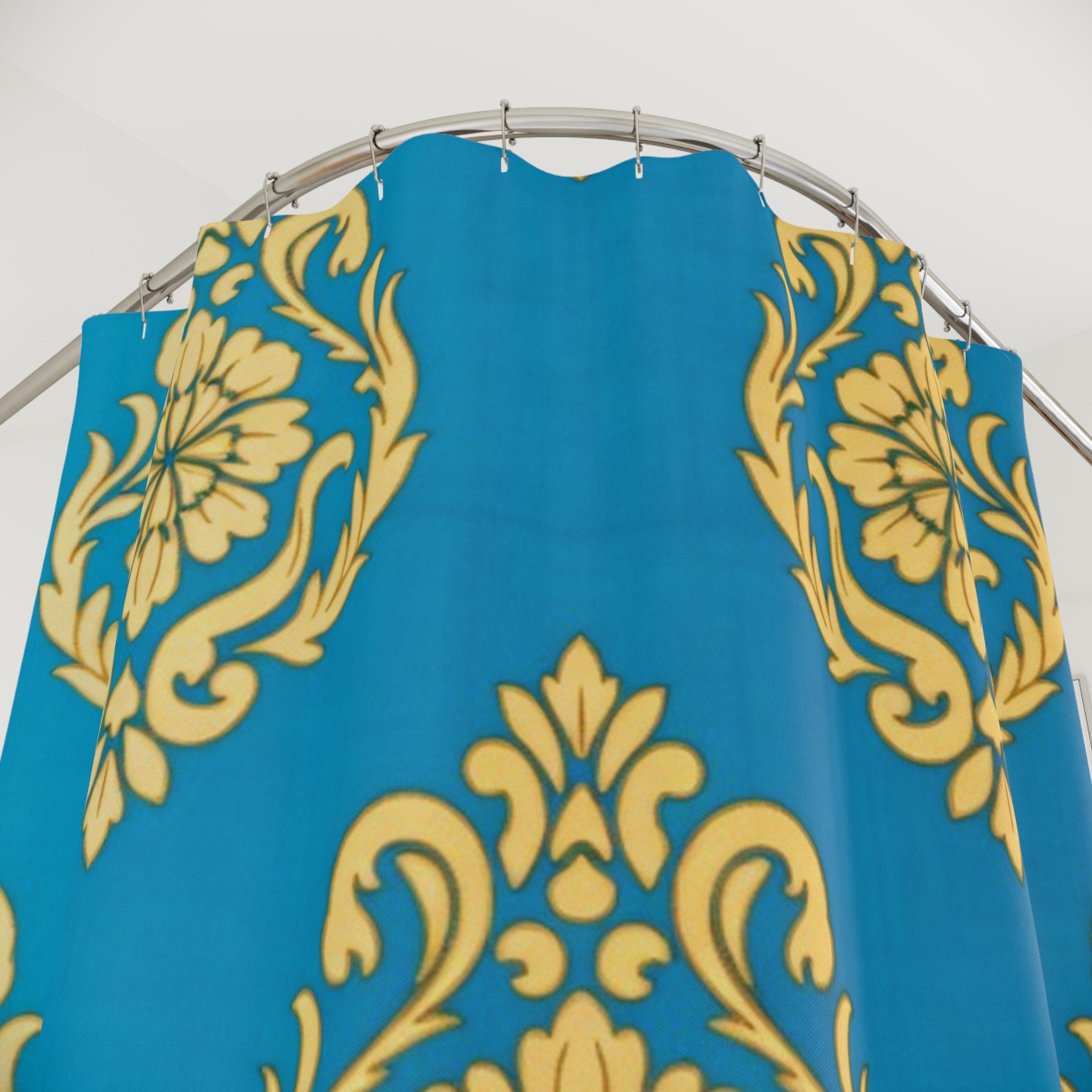 Damask Gold Floral Shower Curtain - Teal Blue Bathroom Decor