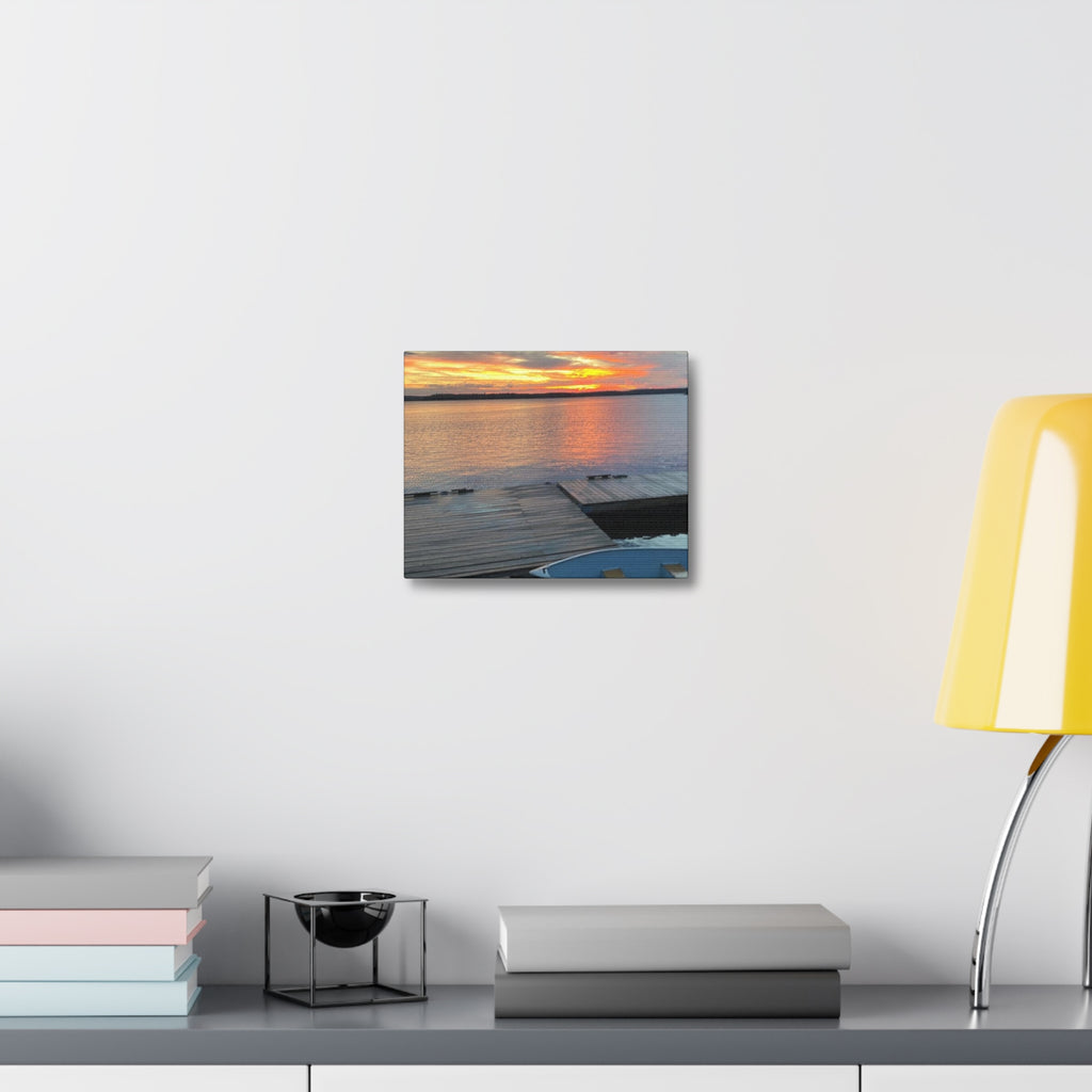Sunset Lake Dock Stretched Canvas - Tranquil Waterfront Wall Art