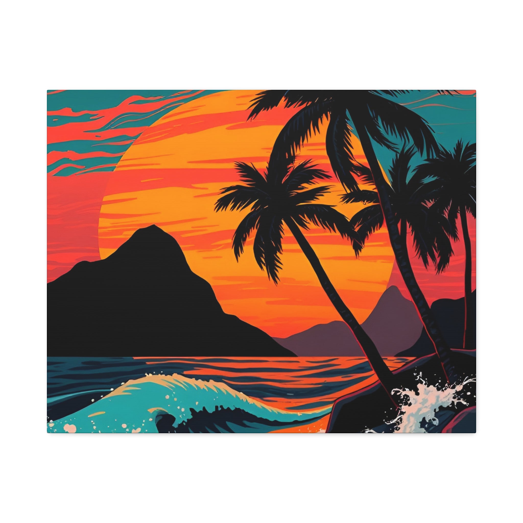 Tropical Sunset Canvas Wall Art — Palm Trees and Ocean Waves Stretched Canvas