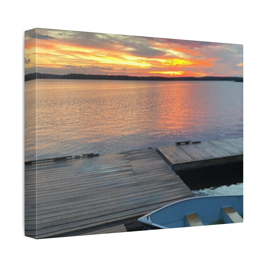 Sunset Lake Dock Stretched Canvas - Tranquil Waterfront Wall Art