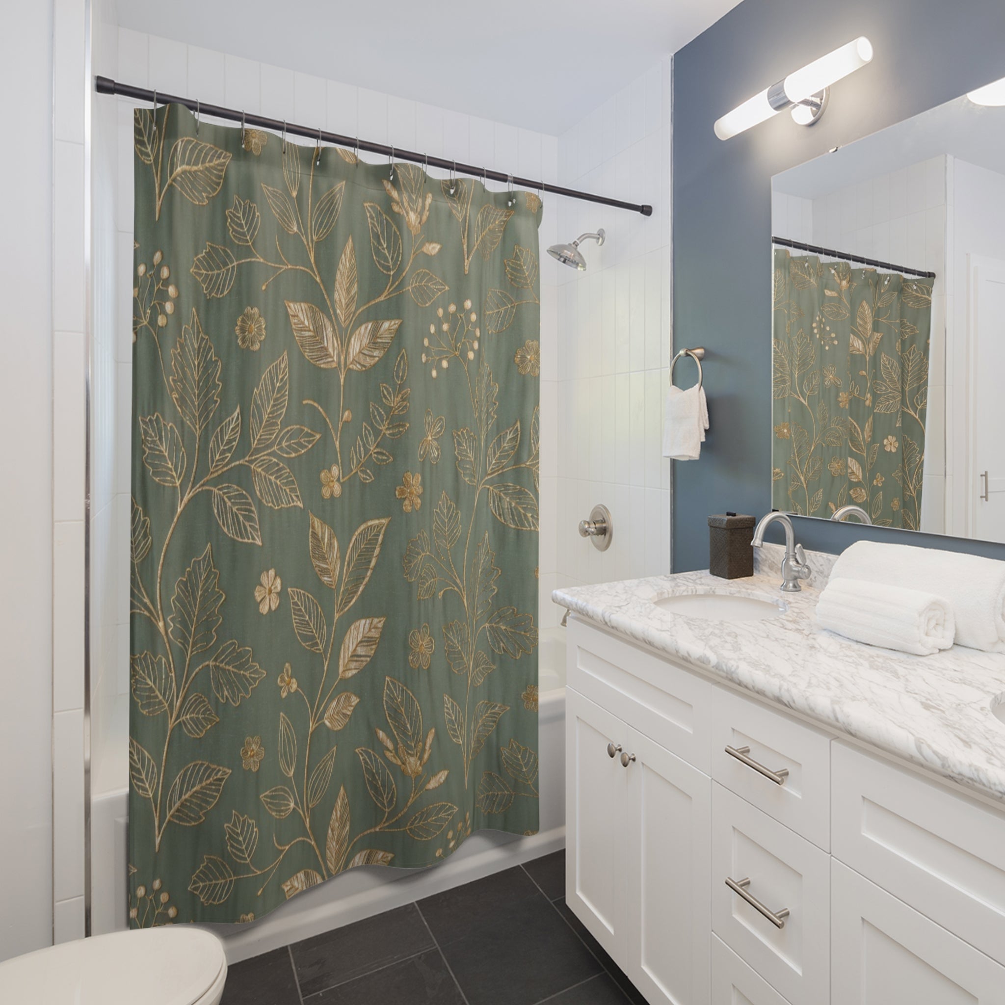 Botanical Gold Leaves Shower Curtain — Teal Green Floral Bathroom Decor
