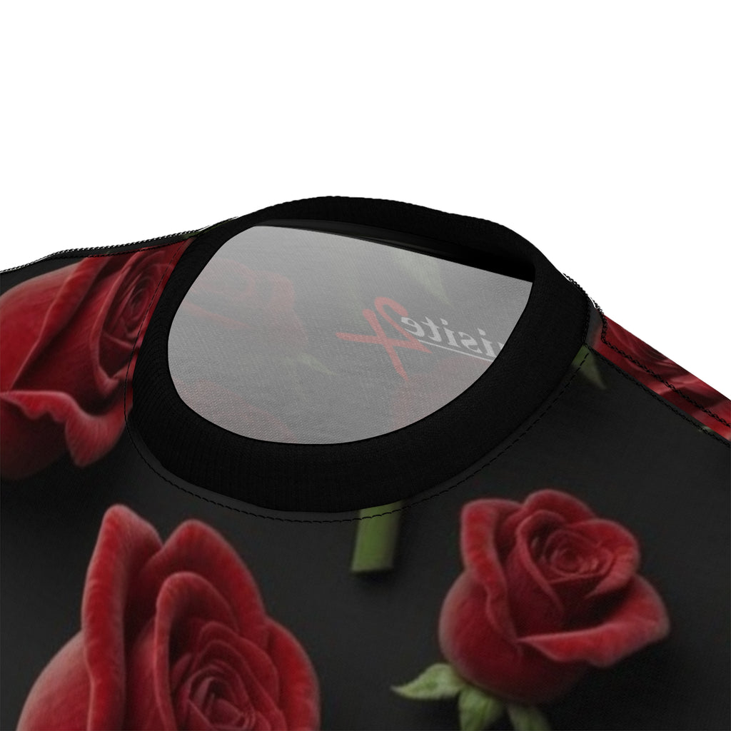 Rose Pattern Tee — Red Roses All-Over Print Black Graphic Shirt