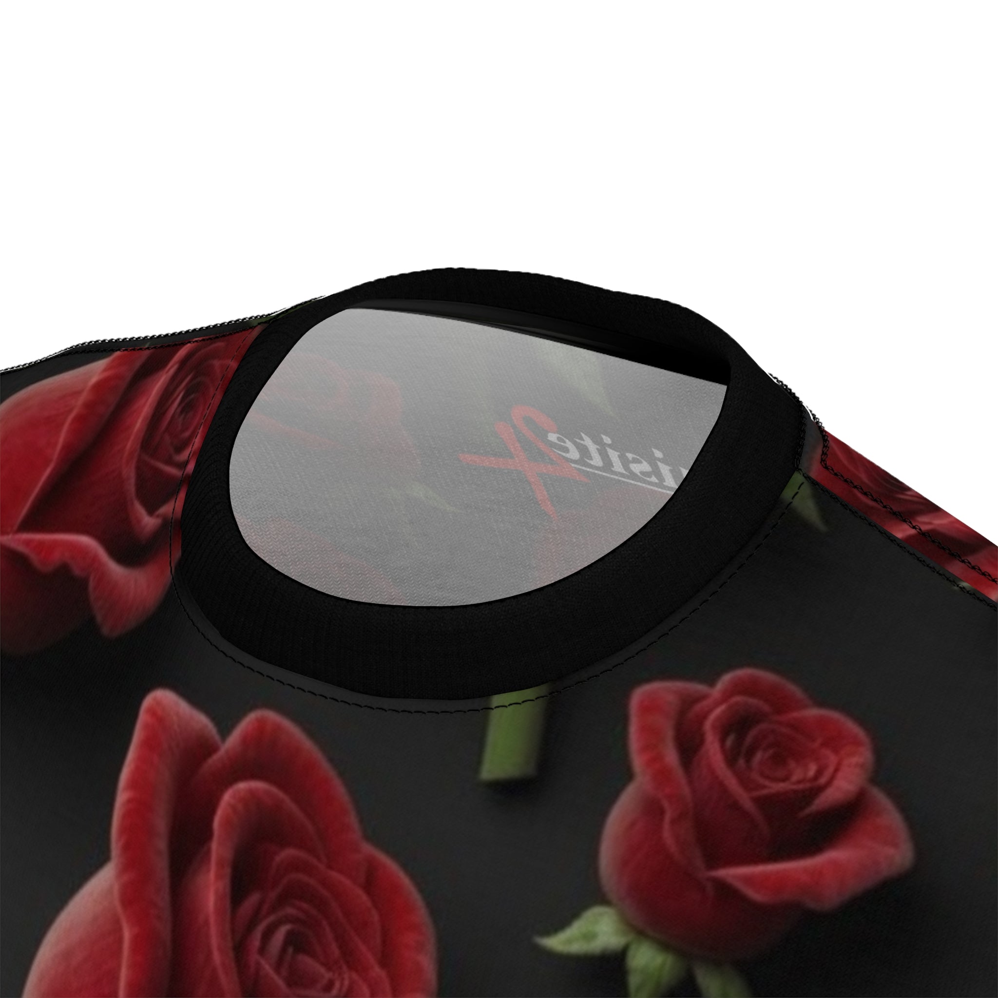 Rose Pattern Tee — Red Roses All-Over Print Black Graphic Shirt