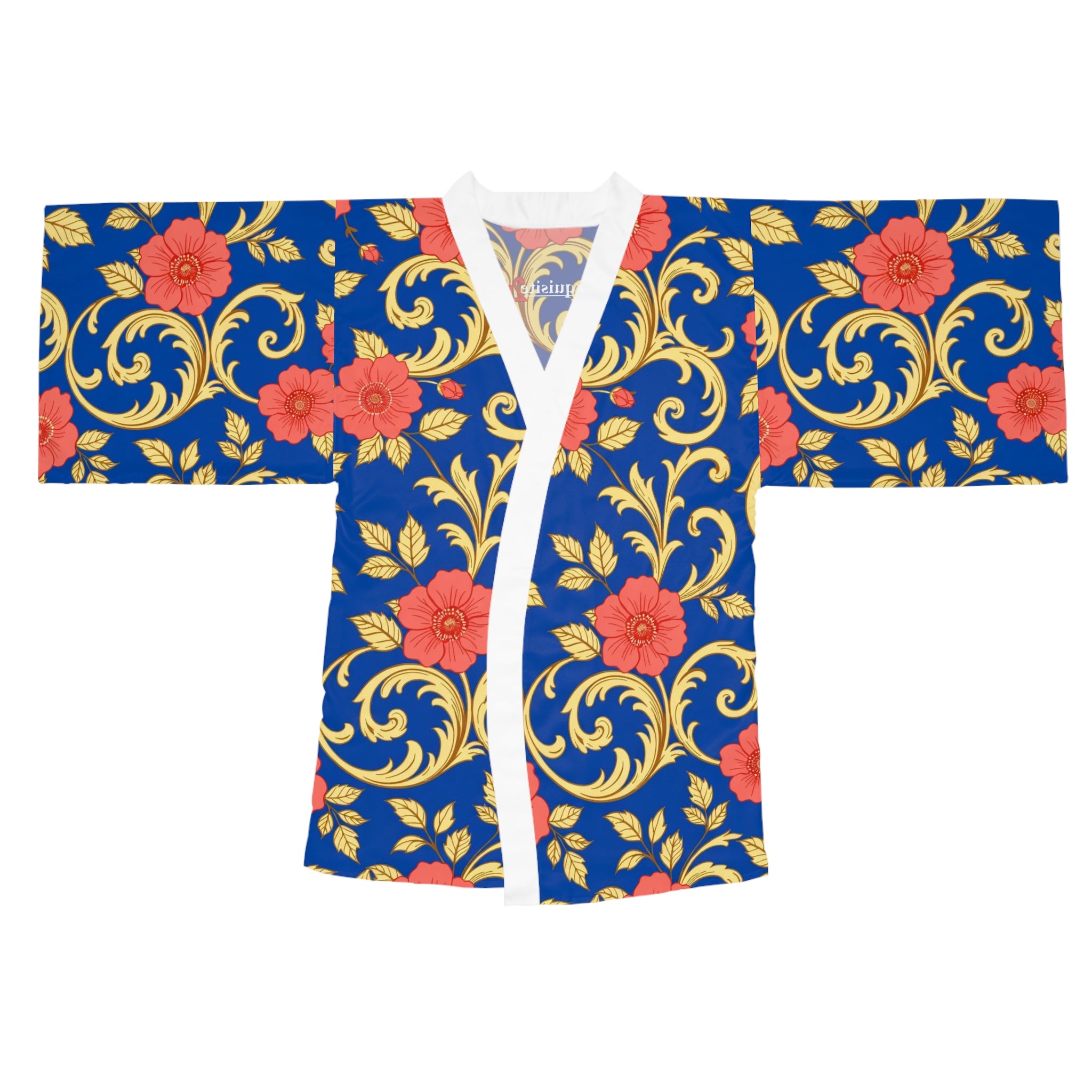Floral Baroque Kimono Robe - Blue & Gold All-Over Print