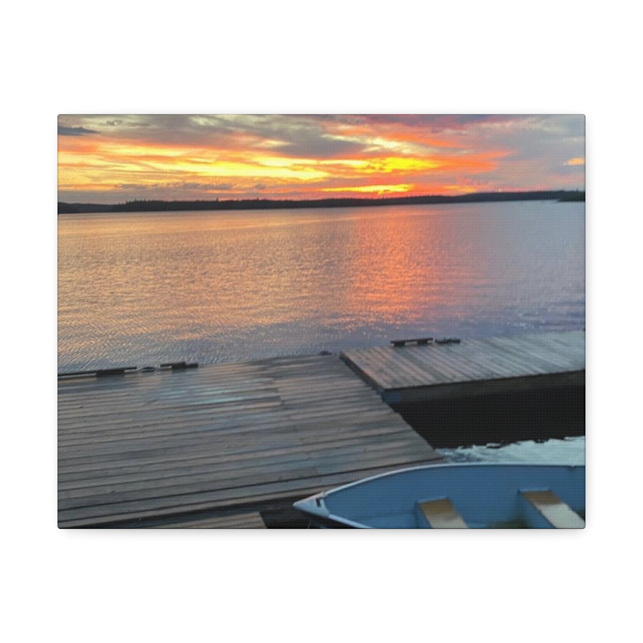 Sunset Lake Dock Stretched Canvas - Tranquil Waterfront Wall Art