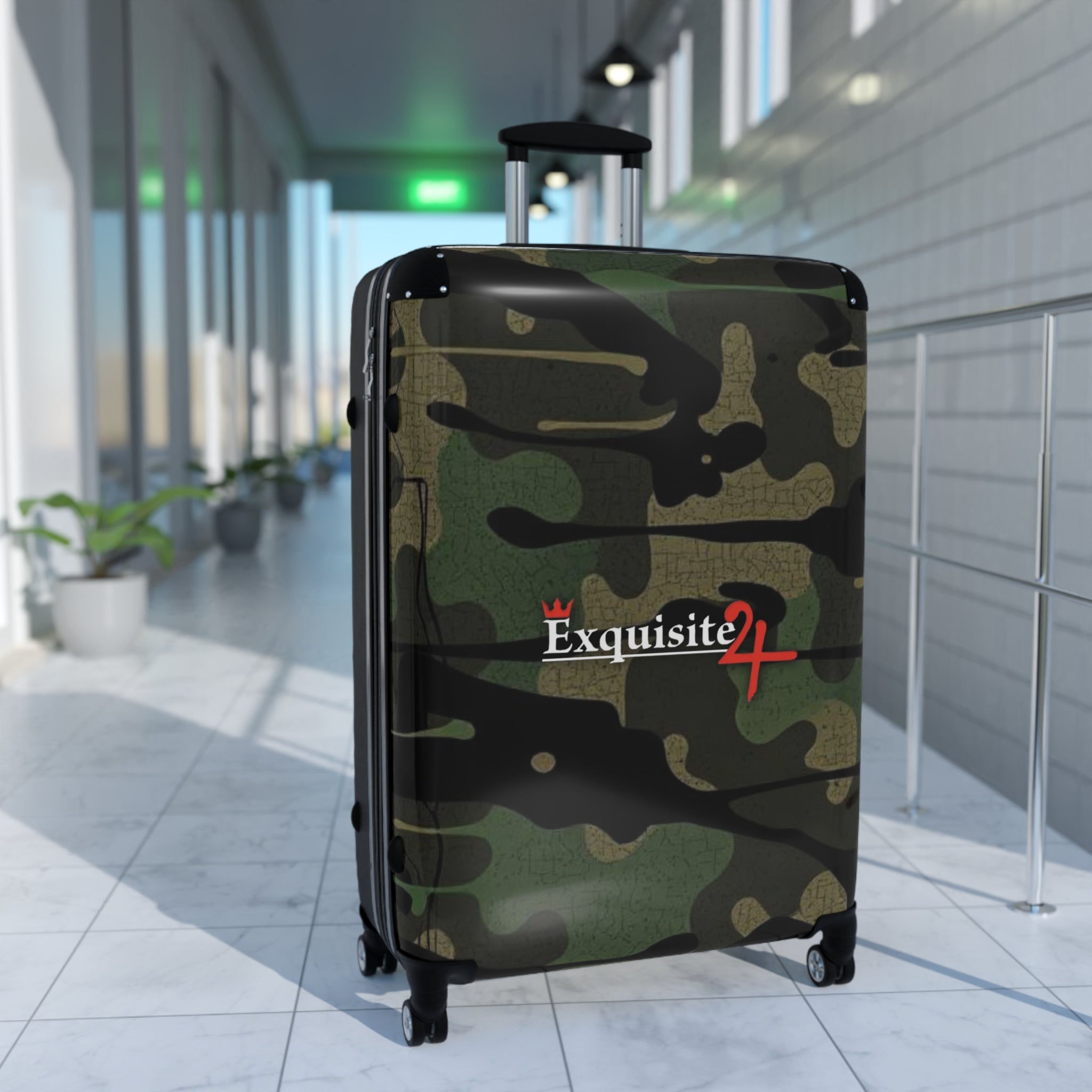 Camo Carry-On Suitcase with "Exquisite 24" Logo – Compact Spinner Luggage