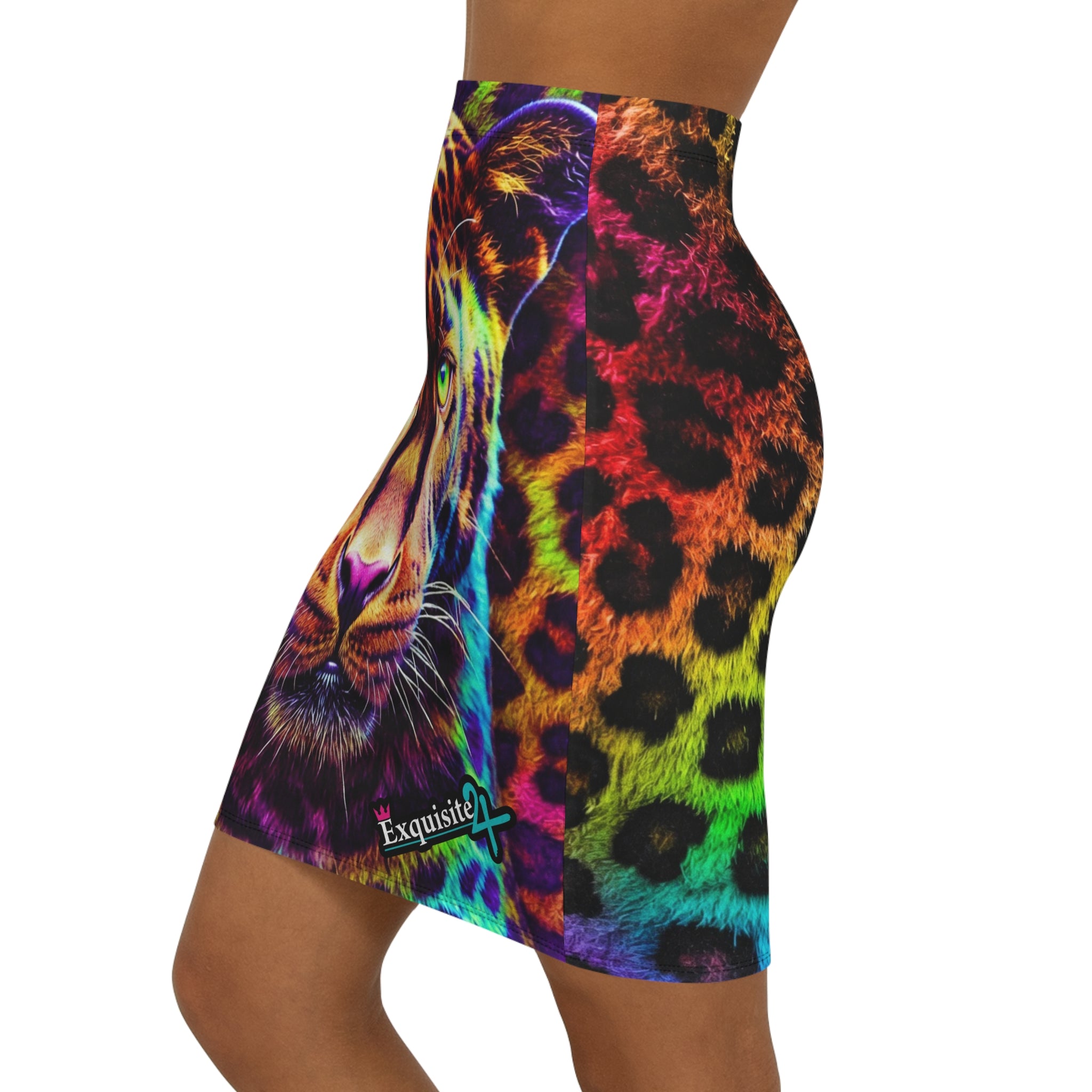 Leopard Gaze Midi Pencil Skirt — Neon Rainbow Animal Print