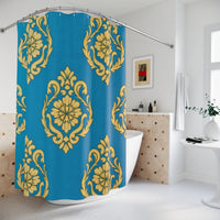Damask Gold Floral Shower Curtain - Teal Blue Bathroom Decor