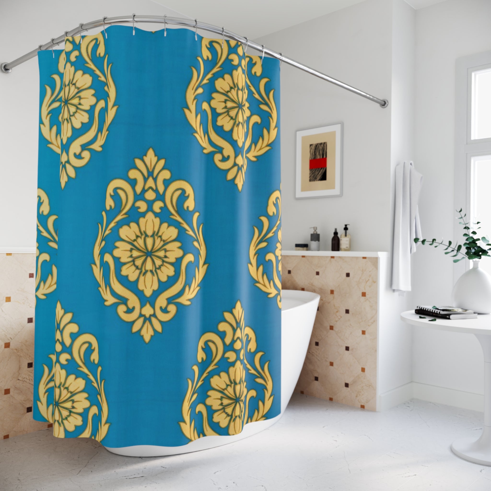 Damask Gold Floral Shower Curtain - Teal Blue Bathroom Decor
