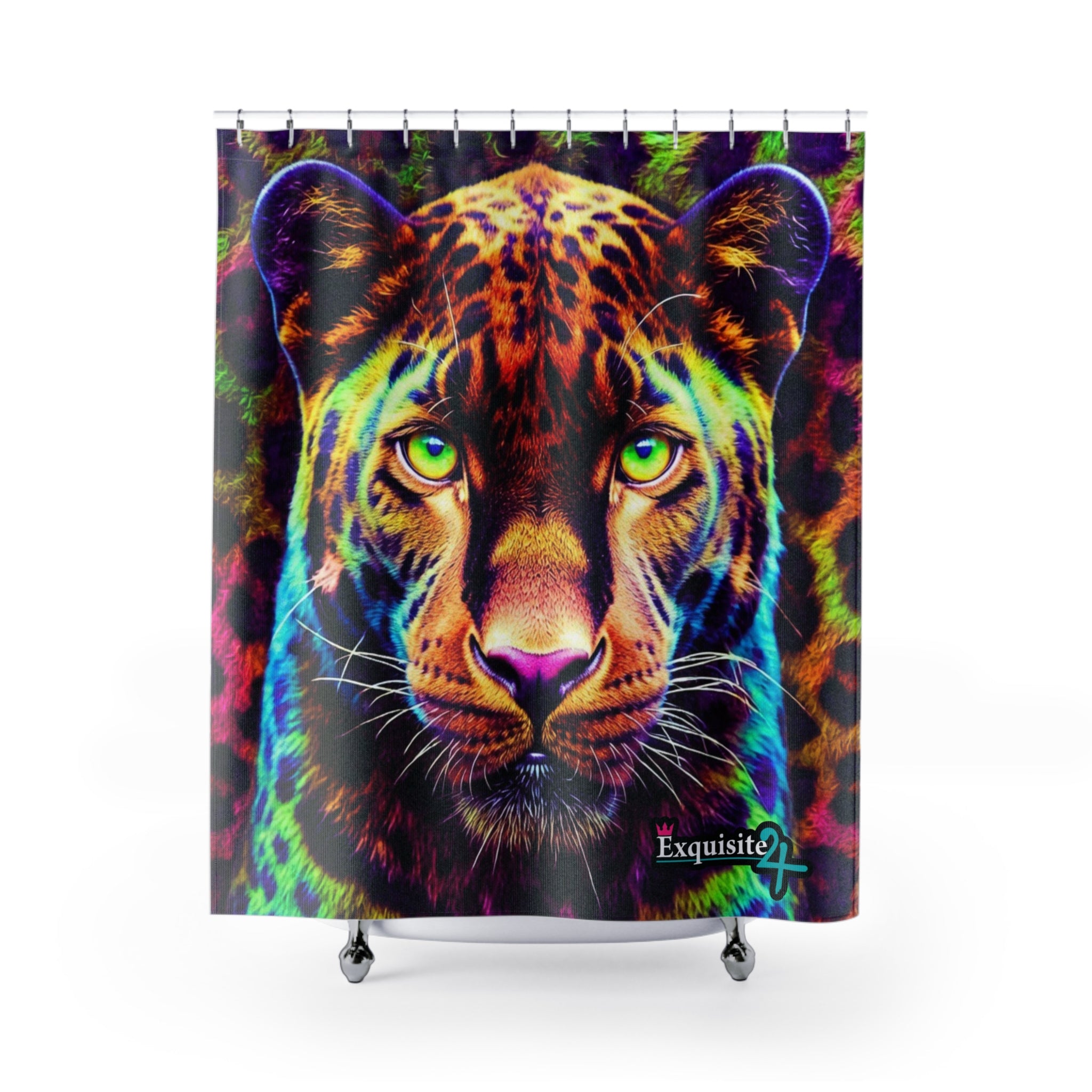 Leopard Gaze Shower Curtain — Vibrant Neon Jungle Tiger Bathroom Decor