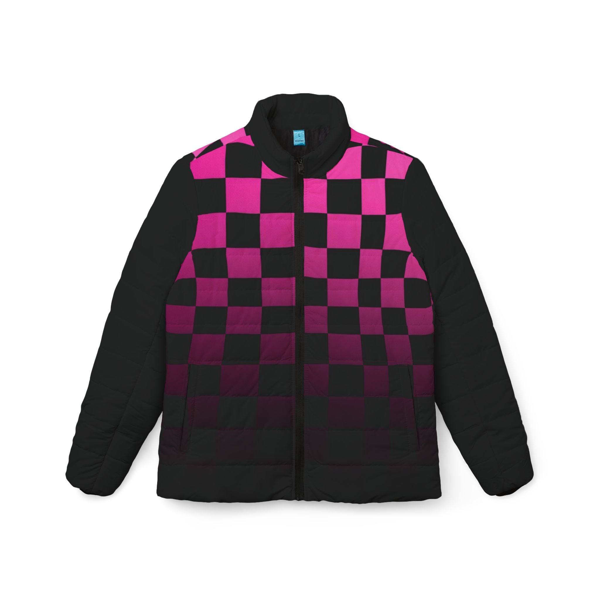 Pink Gradient Checkerboard Puffer Jacket