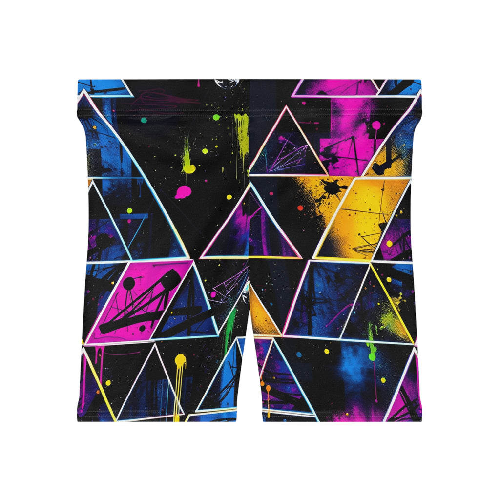 Neon Geometric Biker Shorts — Women's Abstract Triangle Print