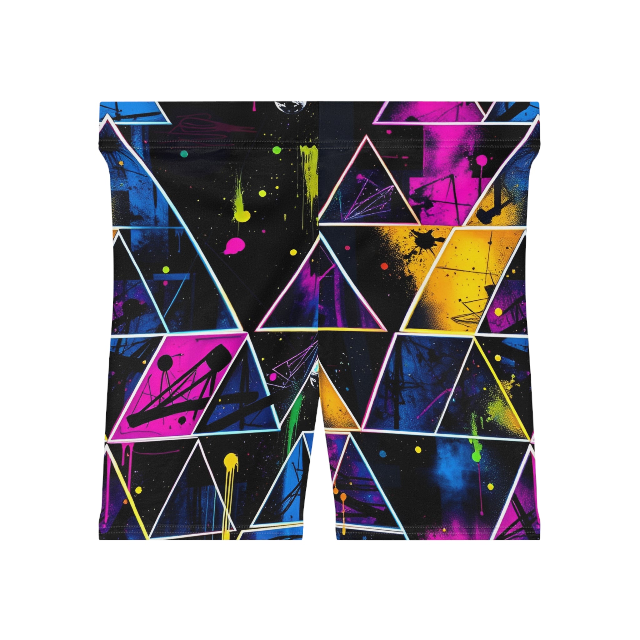 Neon Geometric Biker Shorts — Women's Abstract Triangle Print