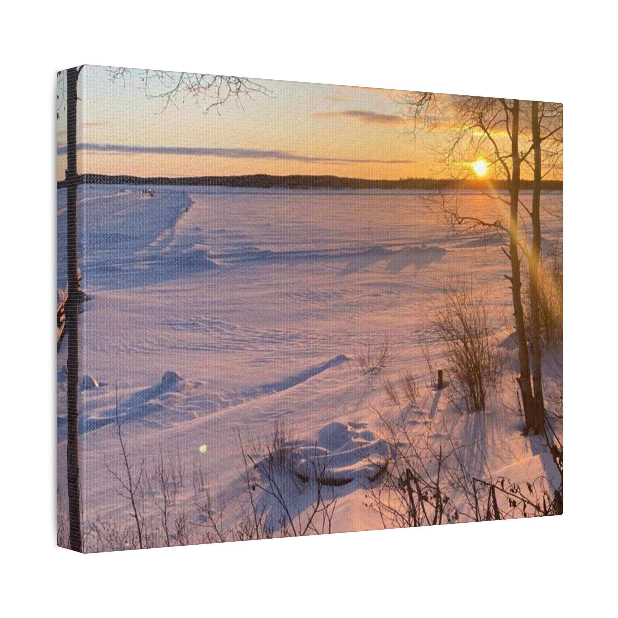 Sunset over Frozen Lake Stretched Canvas Wall Art