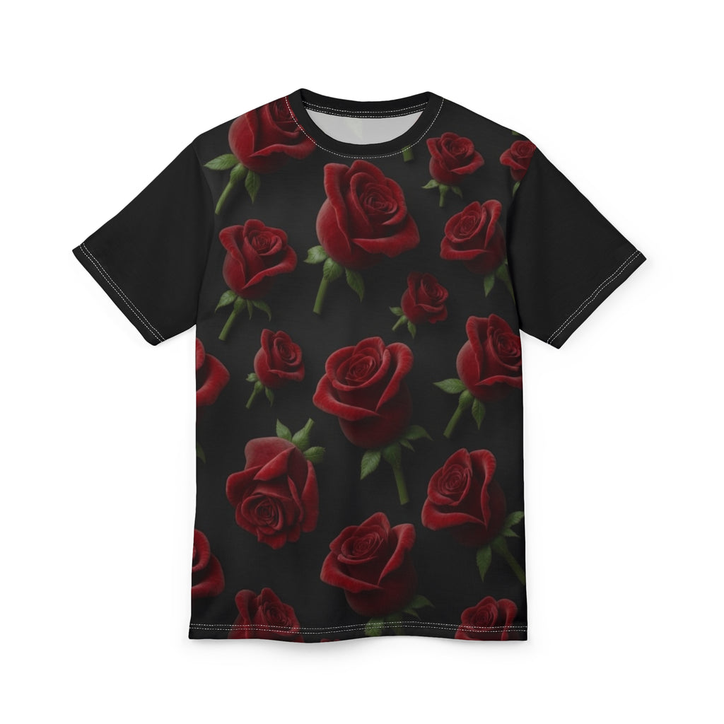 Rose Pattern Tee — Red Roses All-Over Print Black Graphic Shirt