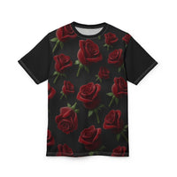 Rose Pattern Tee — Red Roses All-Over Print Black Graphic Shirt