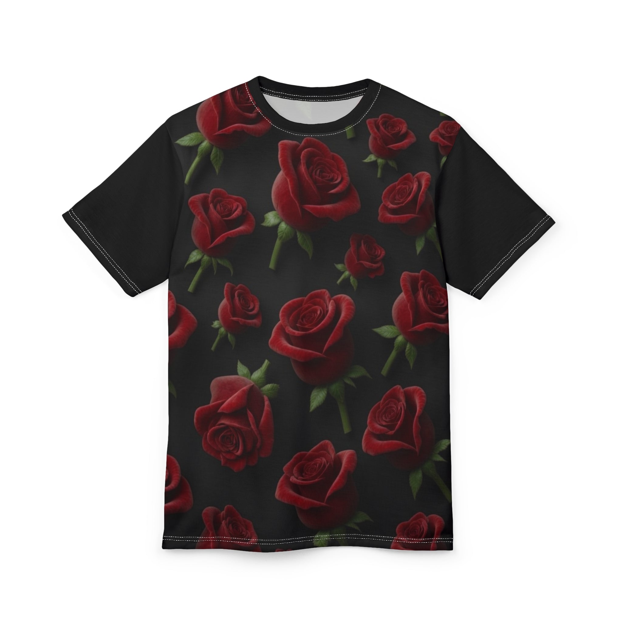 Rose Pattern Tee — Red Roses All-Over Print Black Graphic Shirt