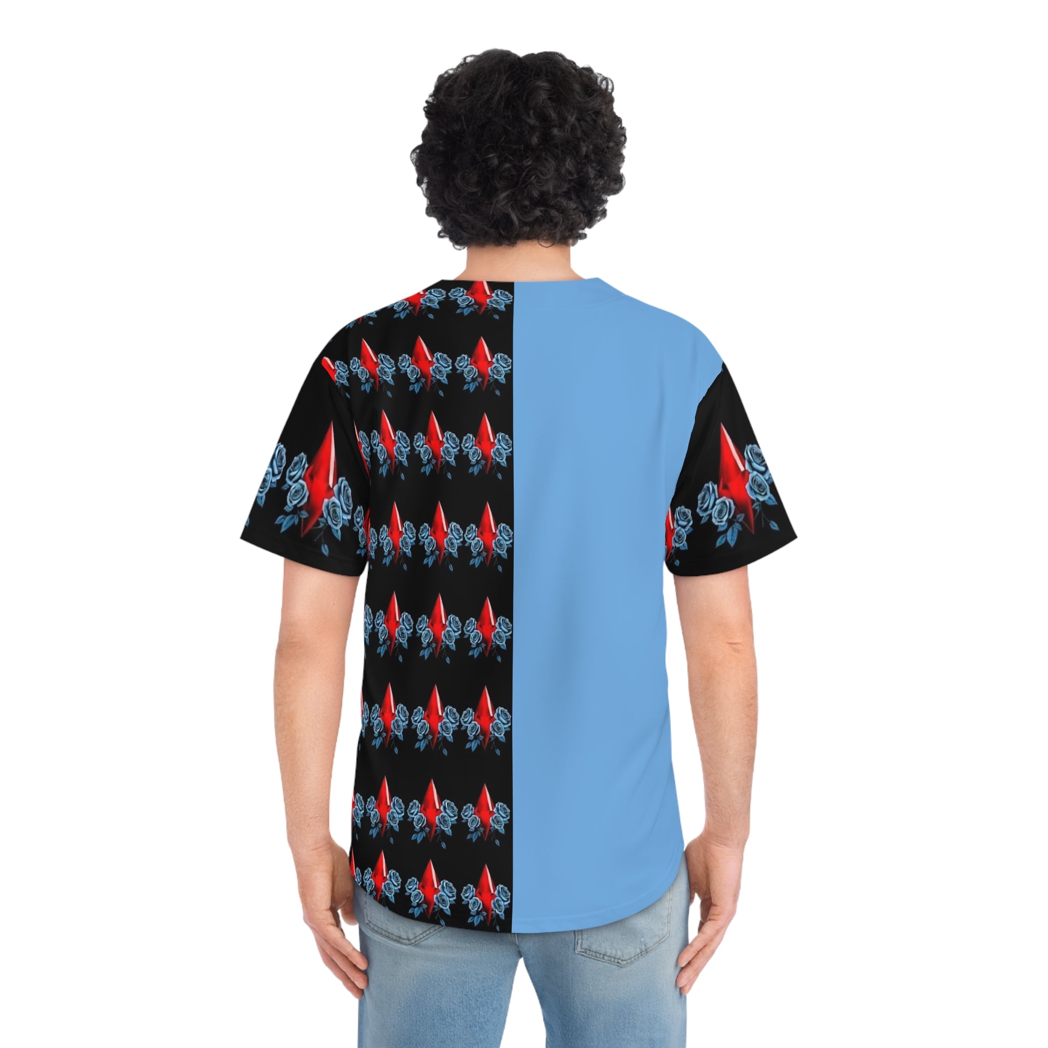 Split-Panel Baseball Jersey with Red Diamond & Blue Roses Pattern