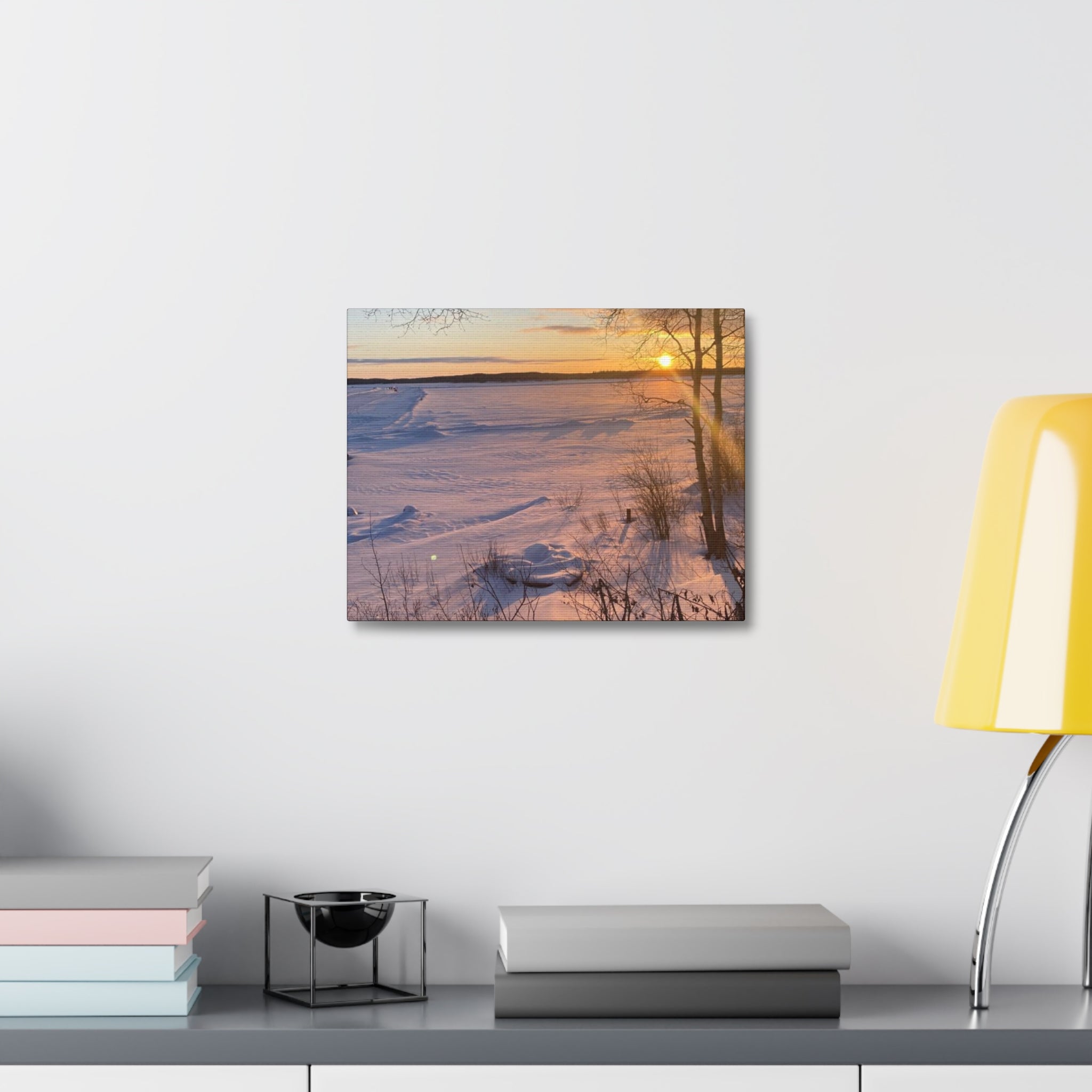 Sunset over Frozen Lake Stretched Canvas Wall Art
