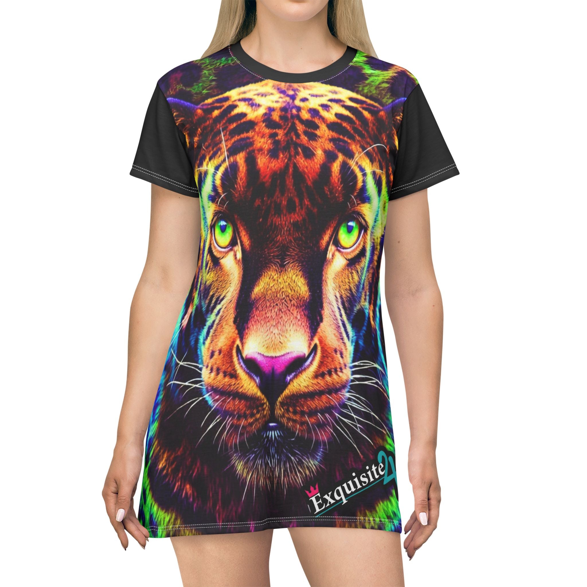 Neon Leopard All-Over Print T-Shirt Dress — Vibrant Leopard Graphic