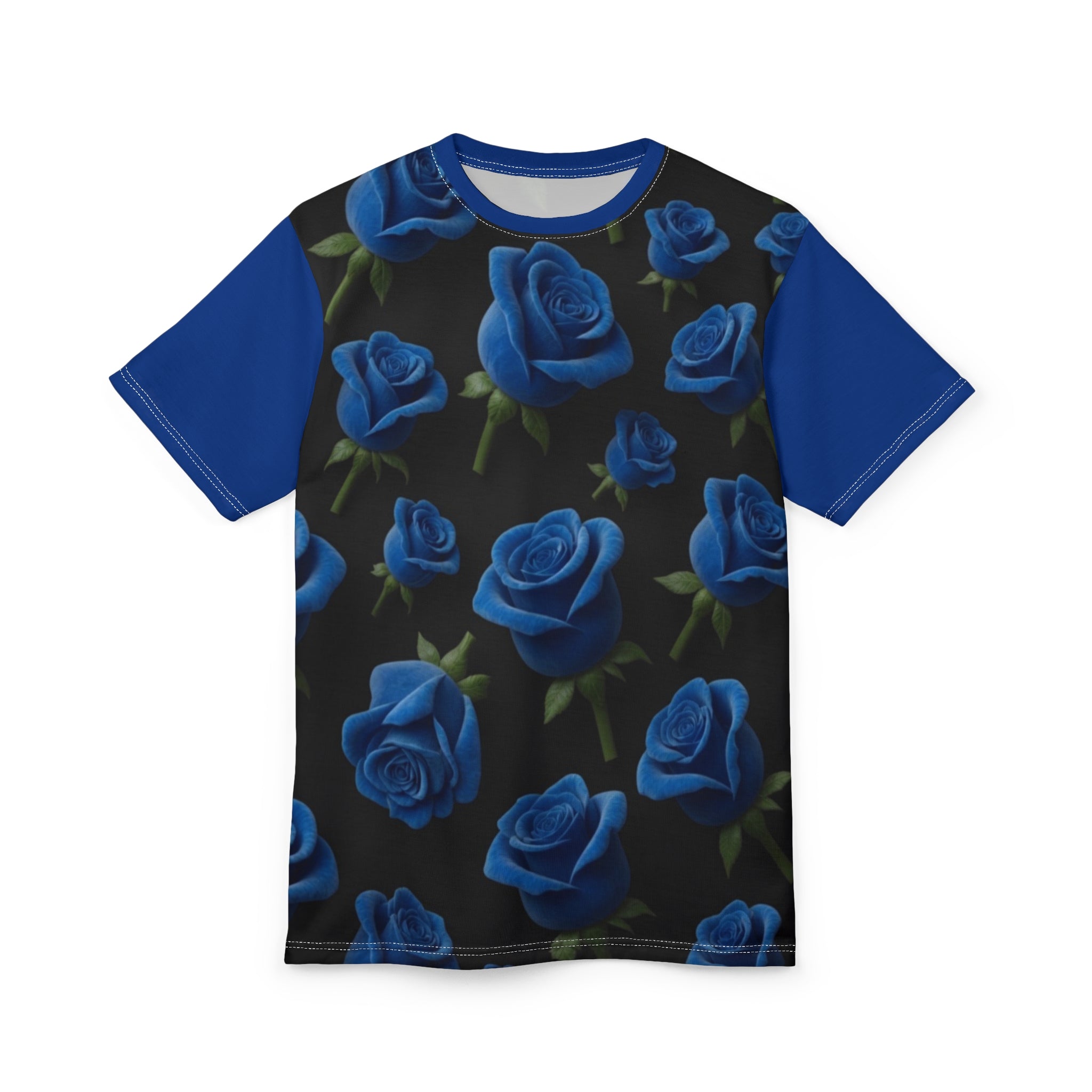 Blue Rose All-Over Print Tee — Floral Black Graphic Shirt