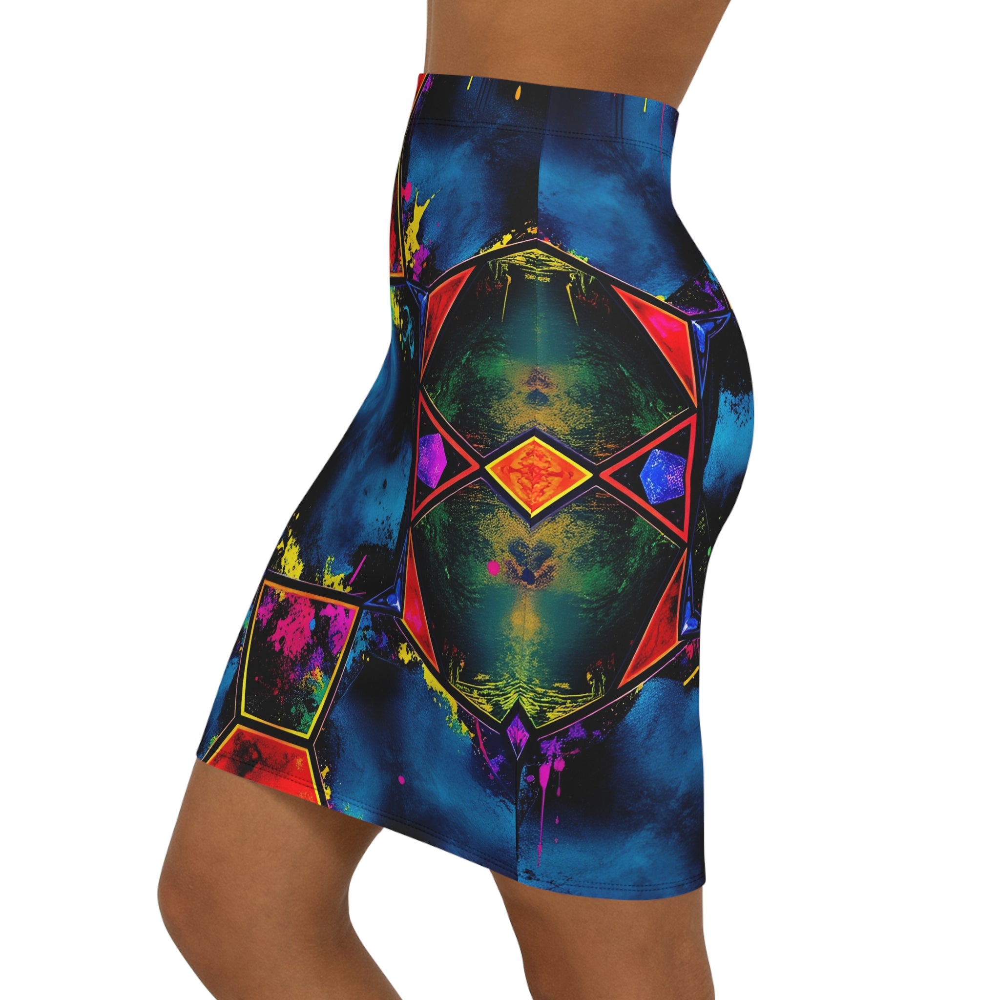 Nebula Geometric Pencil Skirt — Vibrant Galaxy Print Mid‑Waist Skirt