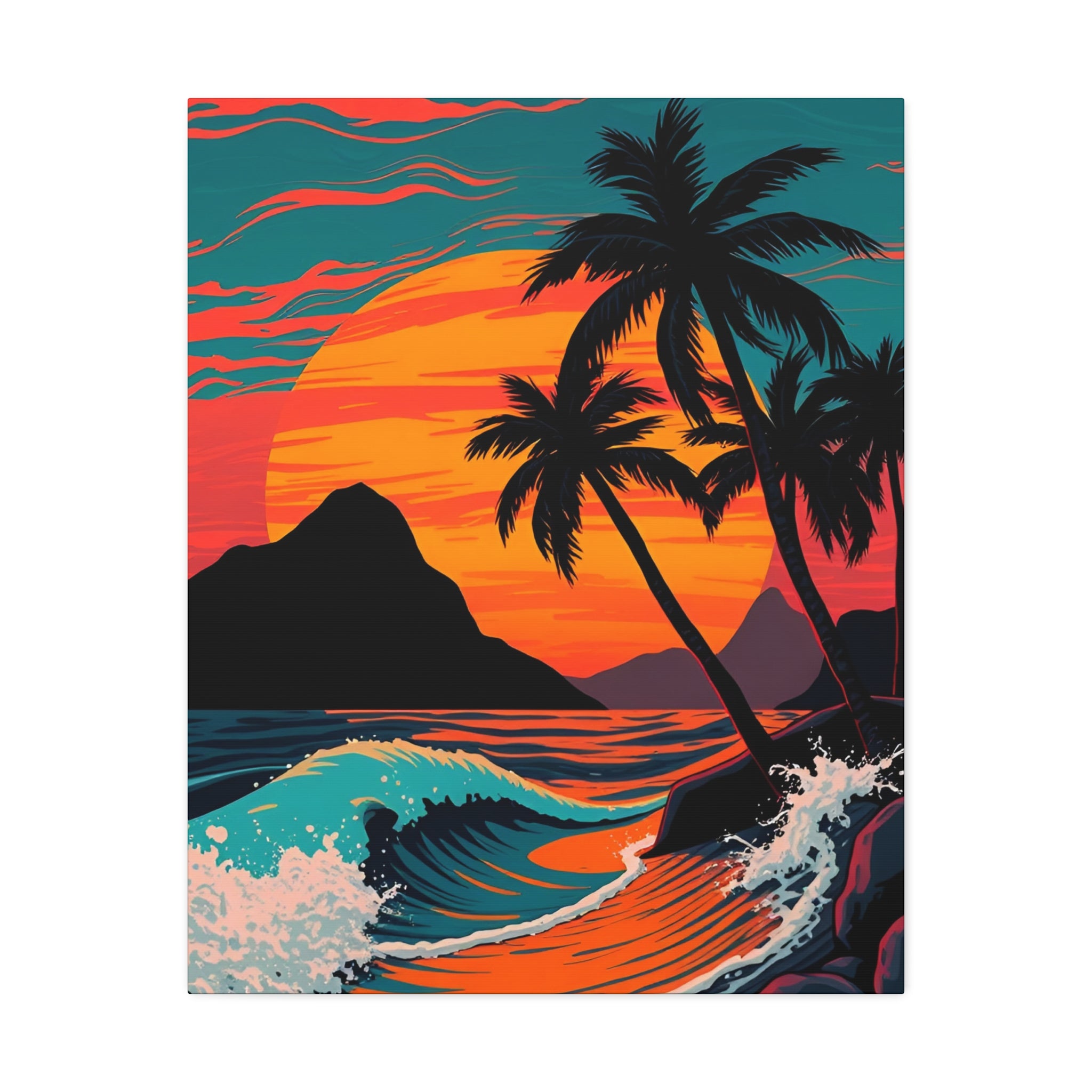Tropical Sunset Canvas Wall Art — Palm Trees and Ocean Waves Stretched Canvas