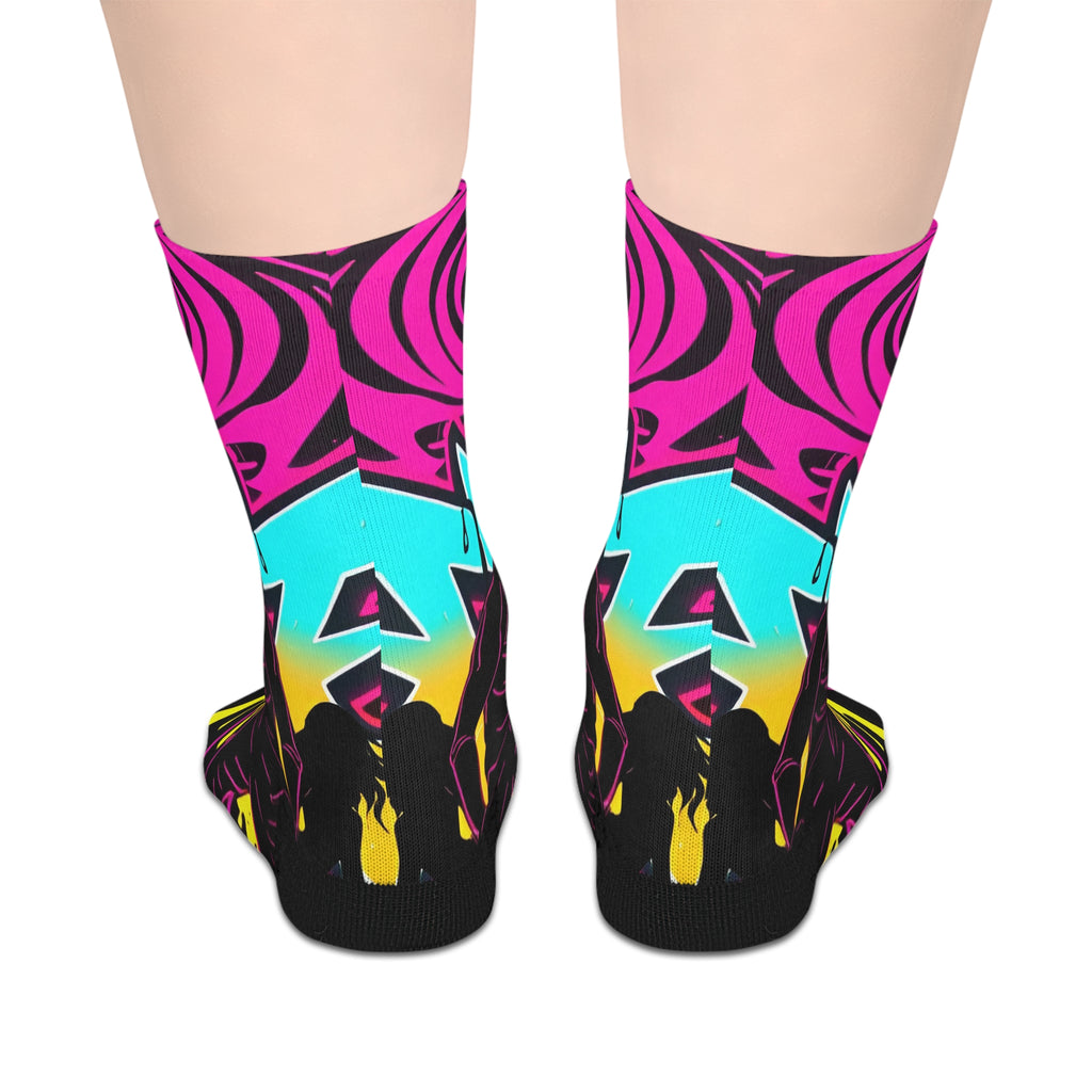 Vibrant Neon Tribal Mid-Length Socks — Bold Pink, Aqua & Yellow Graphic Design