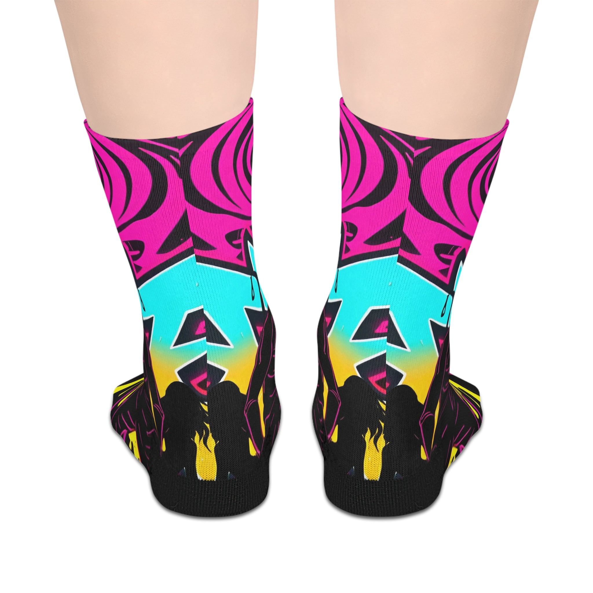 Vibrant Neon Tribal Mid-Length Socks — Bold Pink, Aqua & Yellow Graphic Design