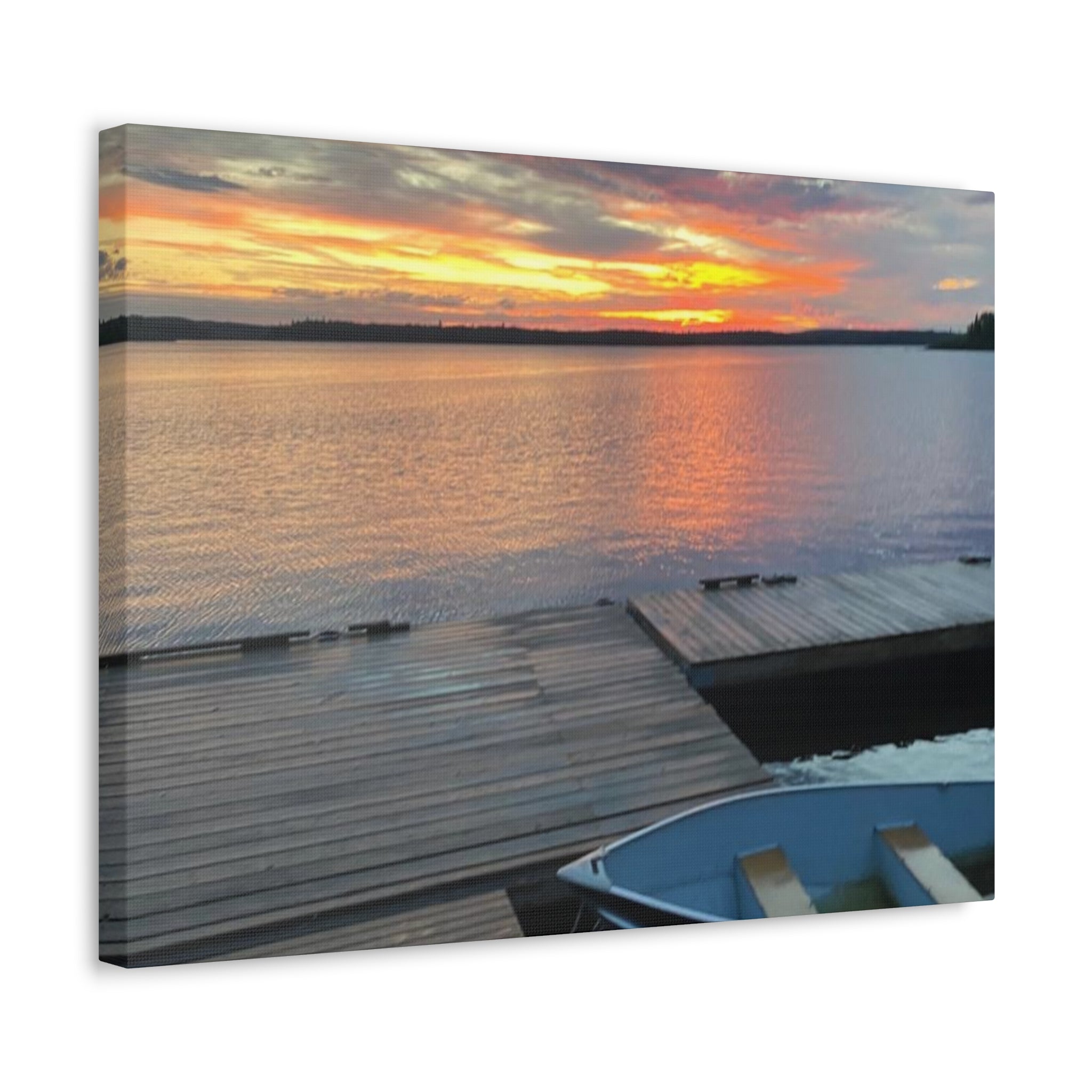 Sunset Lake Dock Stretched Canvas - Tranquil Waterfront Wall Art