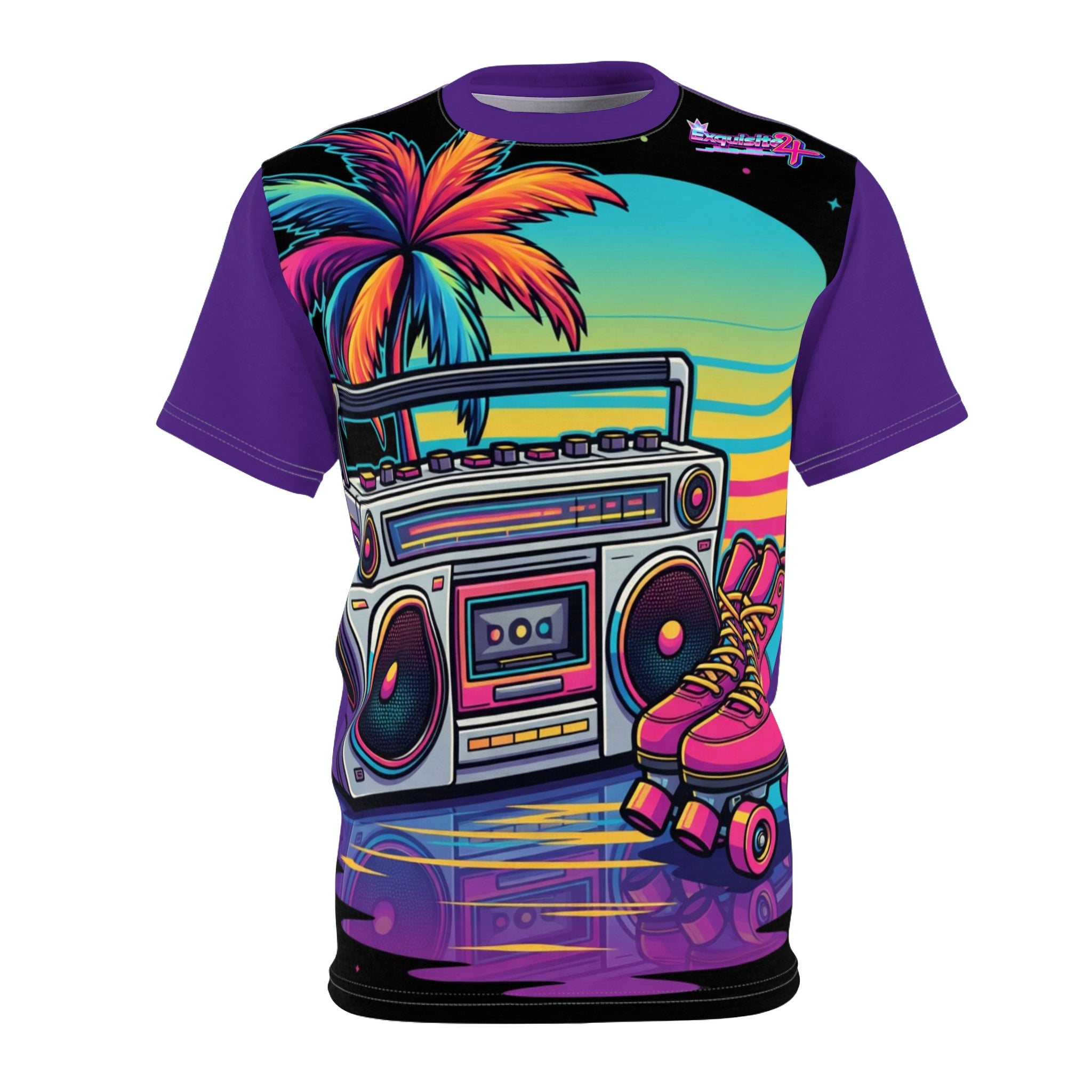 Retro Boombox & Roller Skates Tee — Neon Vaporwave All-Over Print