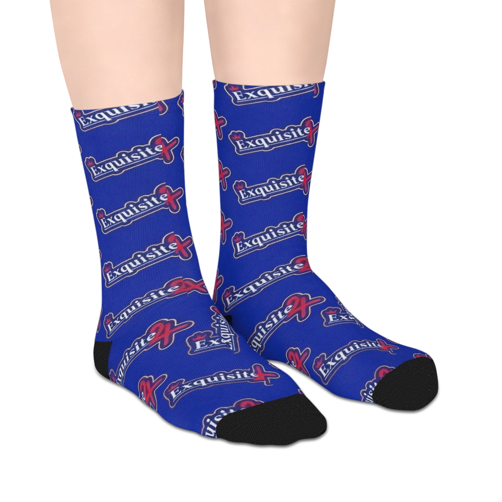 Exquisite 24 Logo Mid-Length Socks — Blue Branded Crew Socks